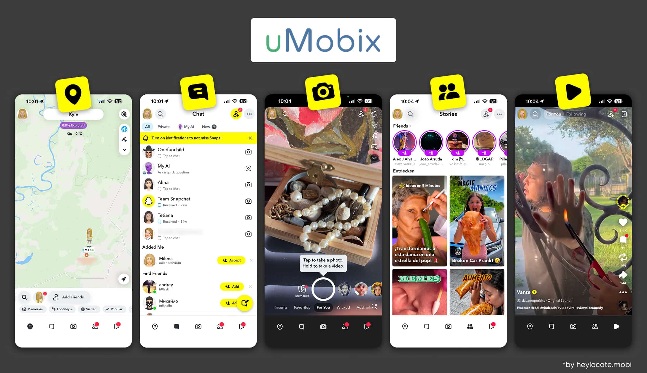 Snapchat screens displaying the location map, chat list, camera, stories, and Discover section in uMobix parental control.