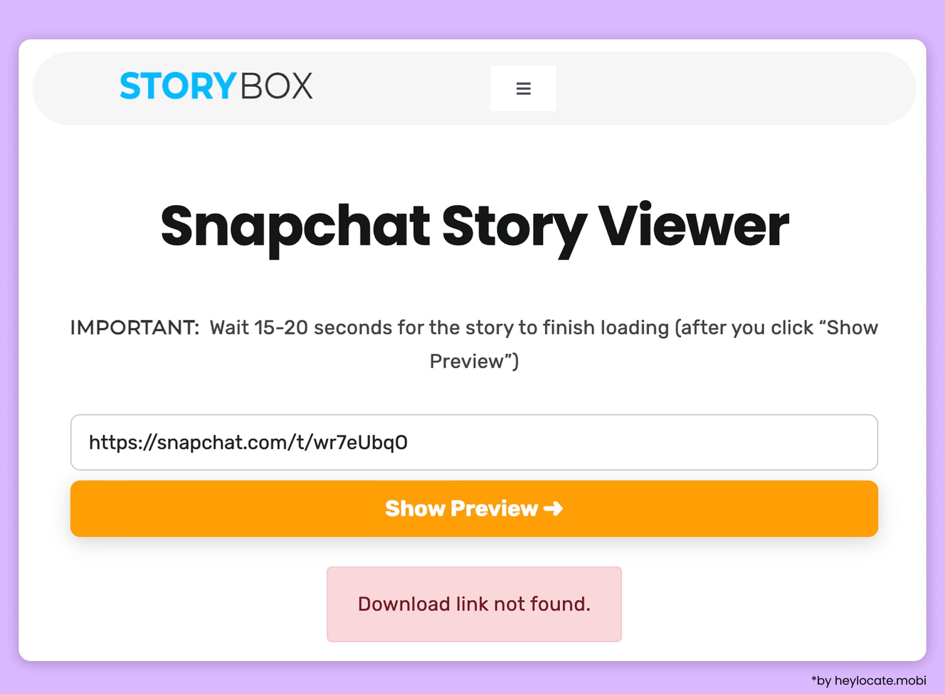 Storybox interface with a field for entering a Snapchat URL and a loading error.