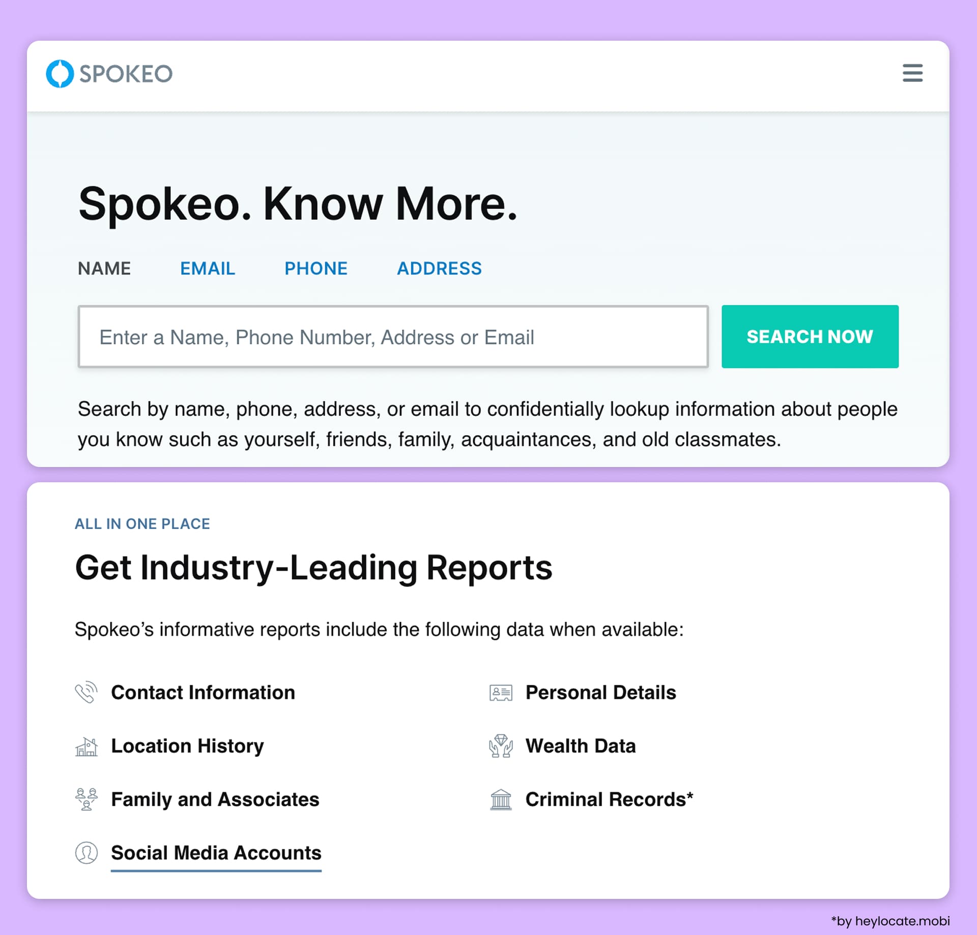 Spokeo interface with search by name, phone number or email, and a list of data included in reports.