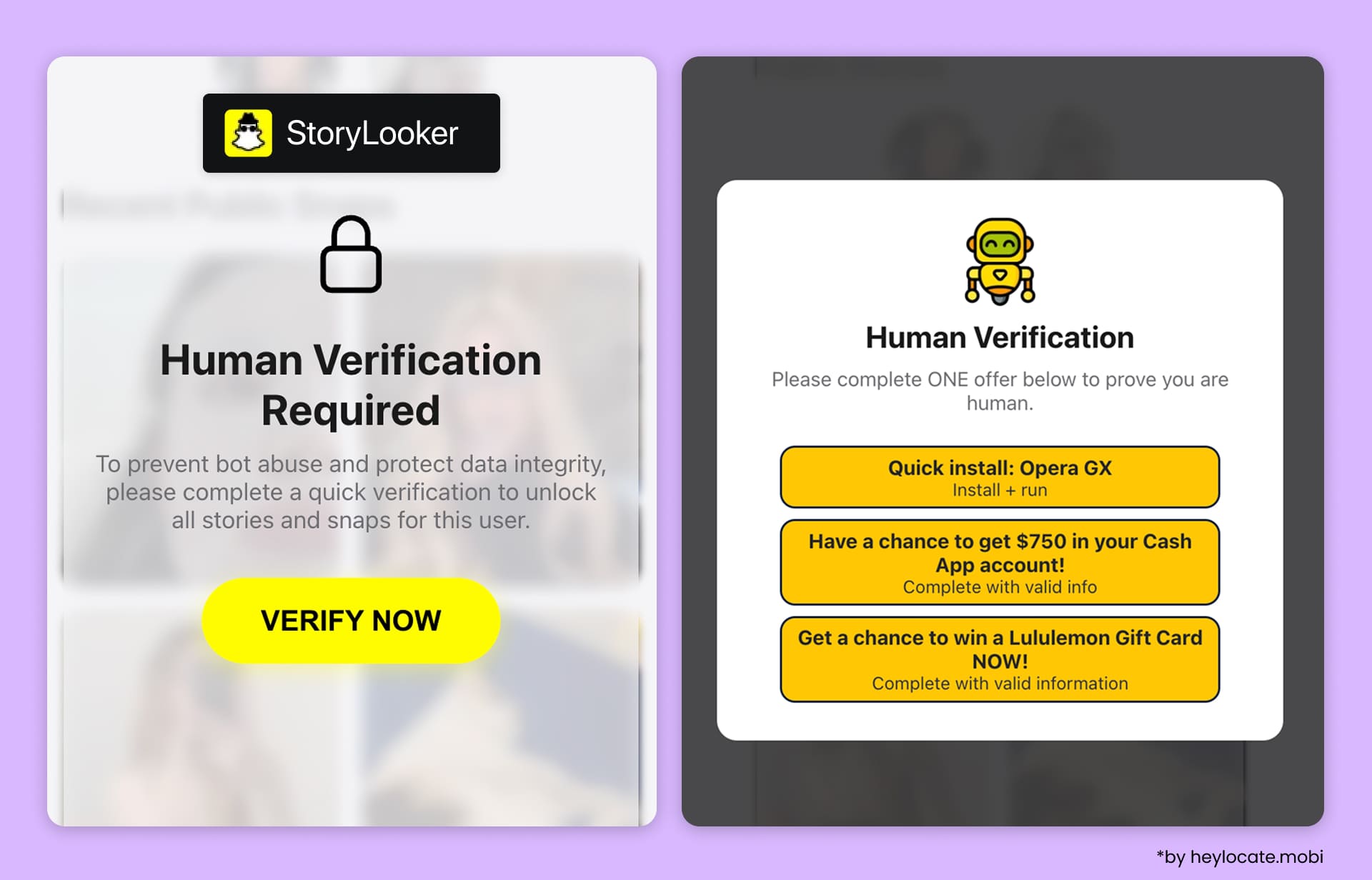 “Human verification required” confirmation window on the StoryLooker website with no option to continue.