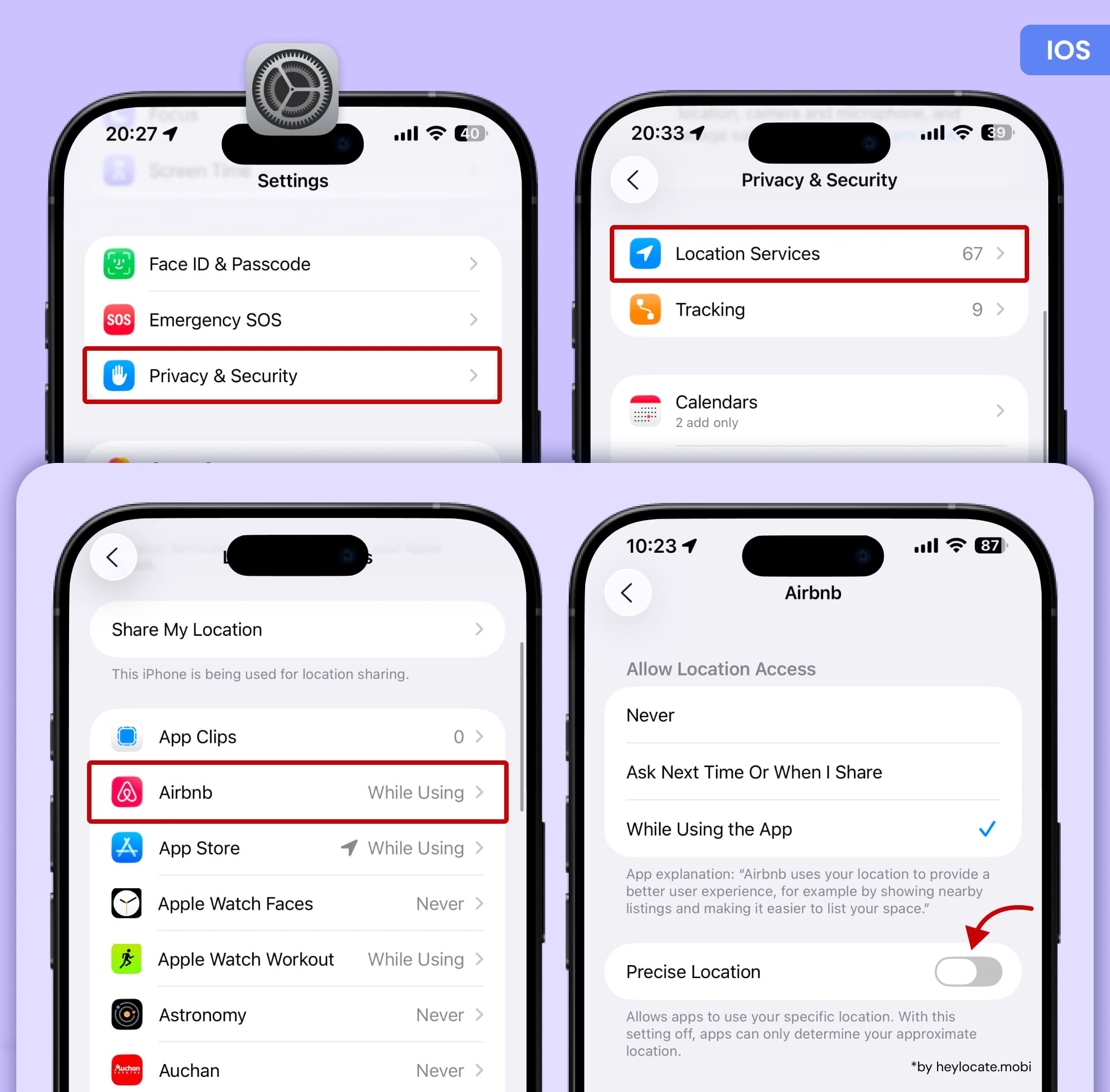 Open Settings, go to Privacy & Security, then Location Services, select the desired app, and turn off the Precise Location switch.