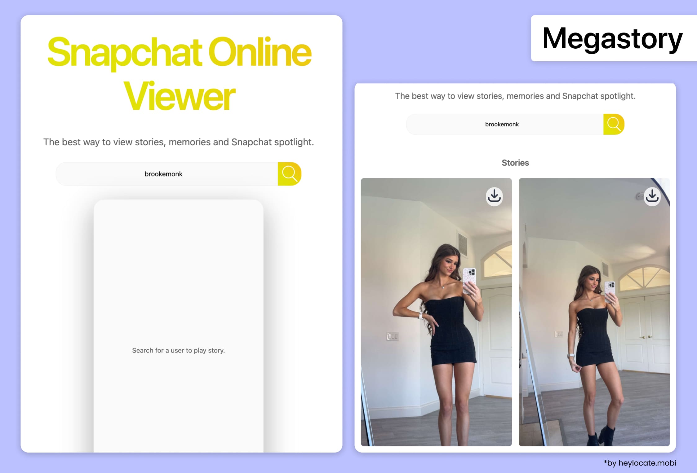 Megastory interface with Snapchat search and examples of public Stories.