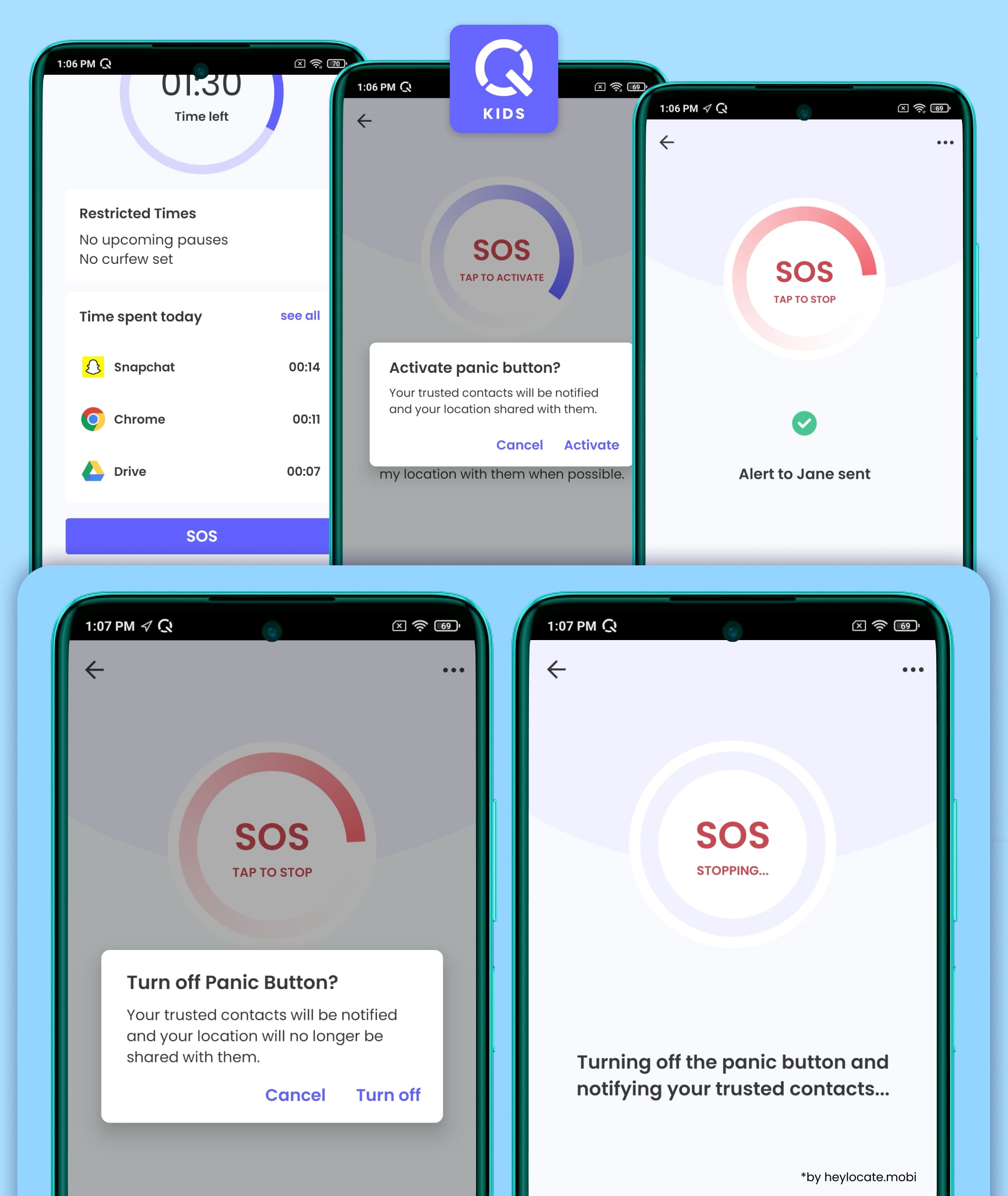 The child presses the SOS button in the Qustodio Kids app, sending an alarm signal and their geolocation to their parent.