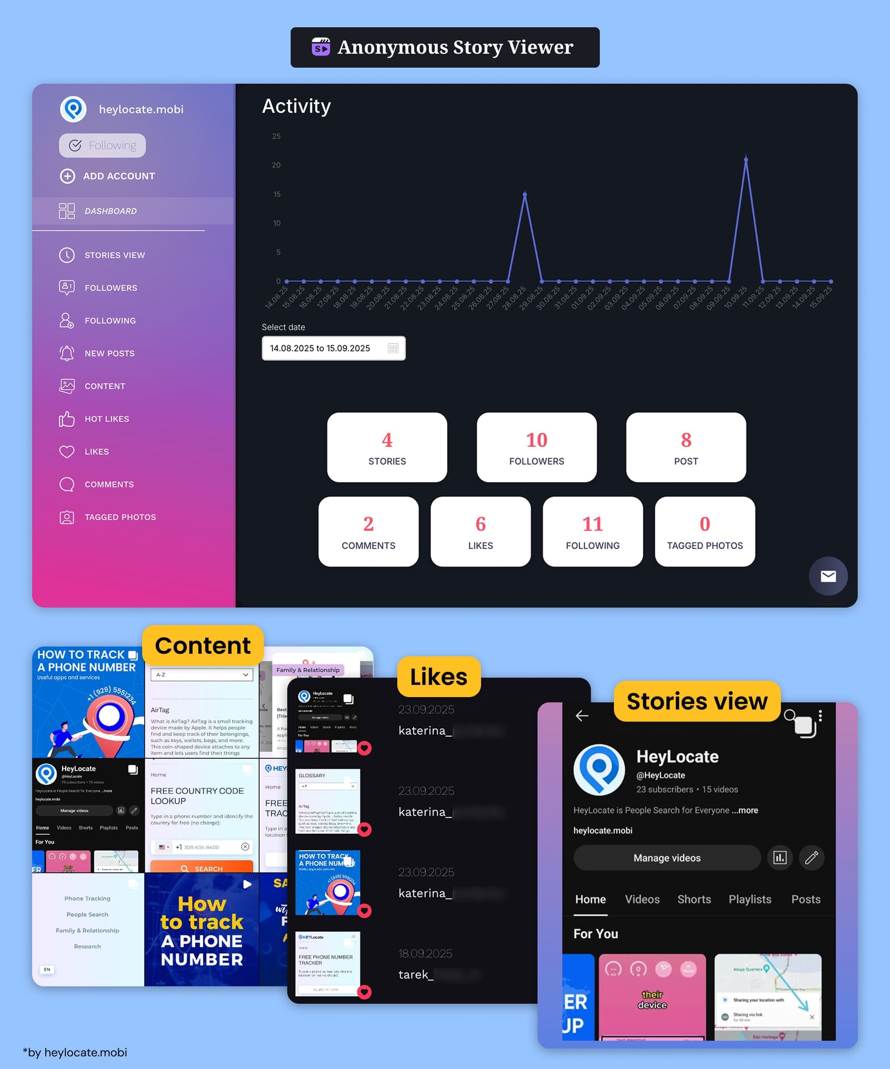 Activity analytics, Stories, Likes, and Content sections.