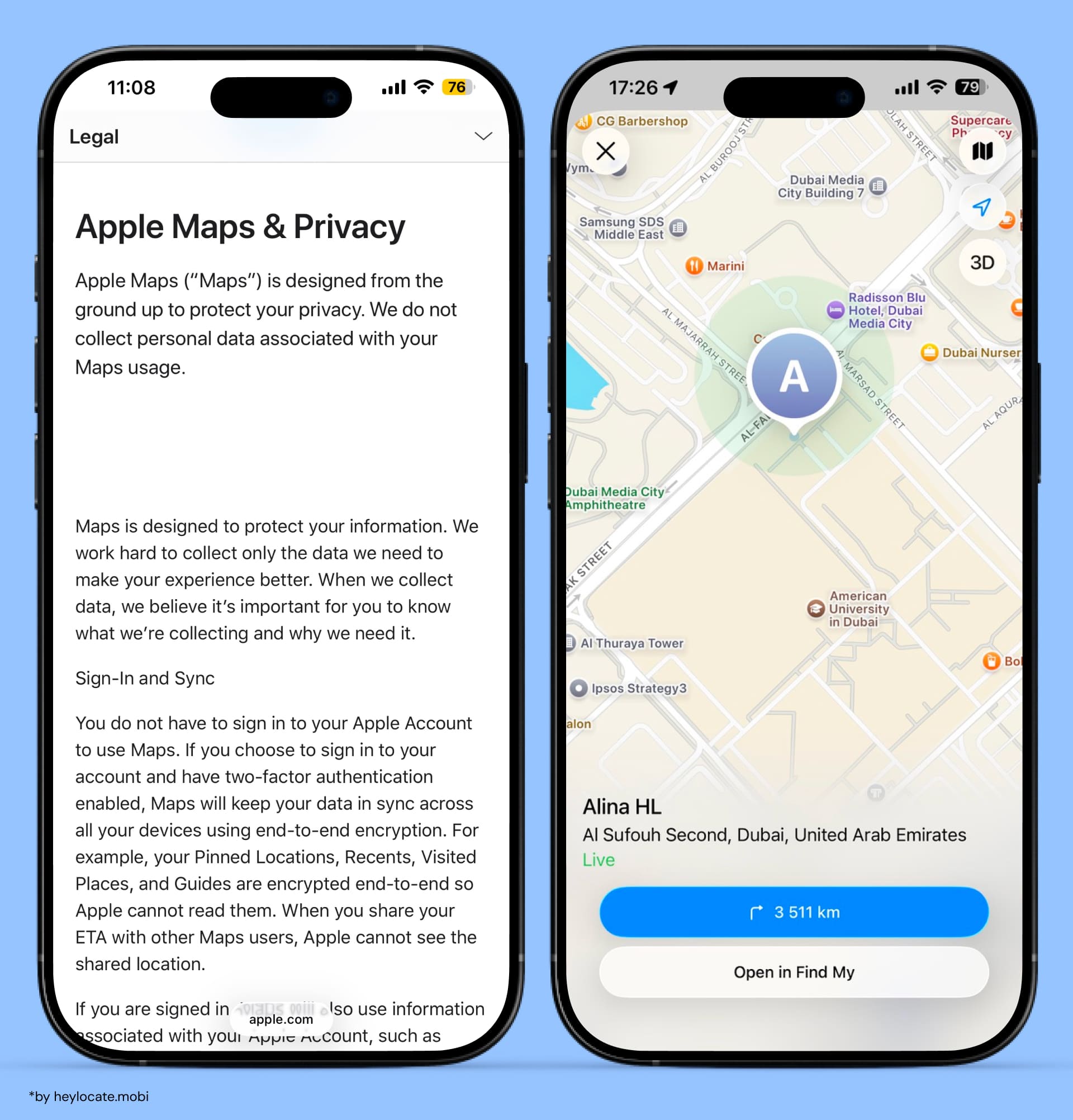 Apple Maps privacy policy screen and display of the contact's current geolocation on the map.
