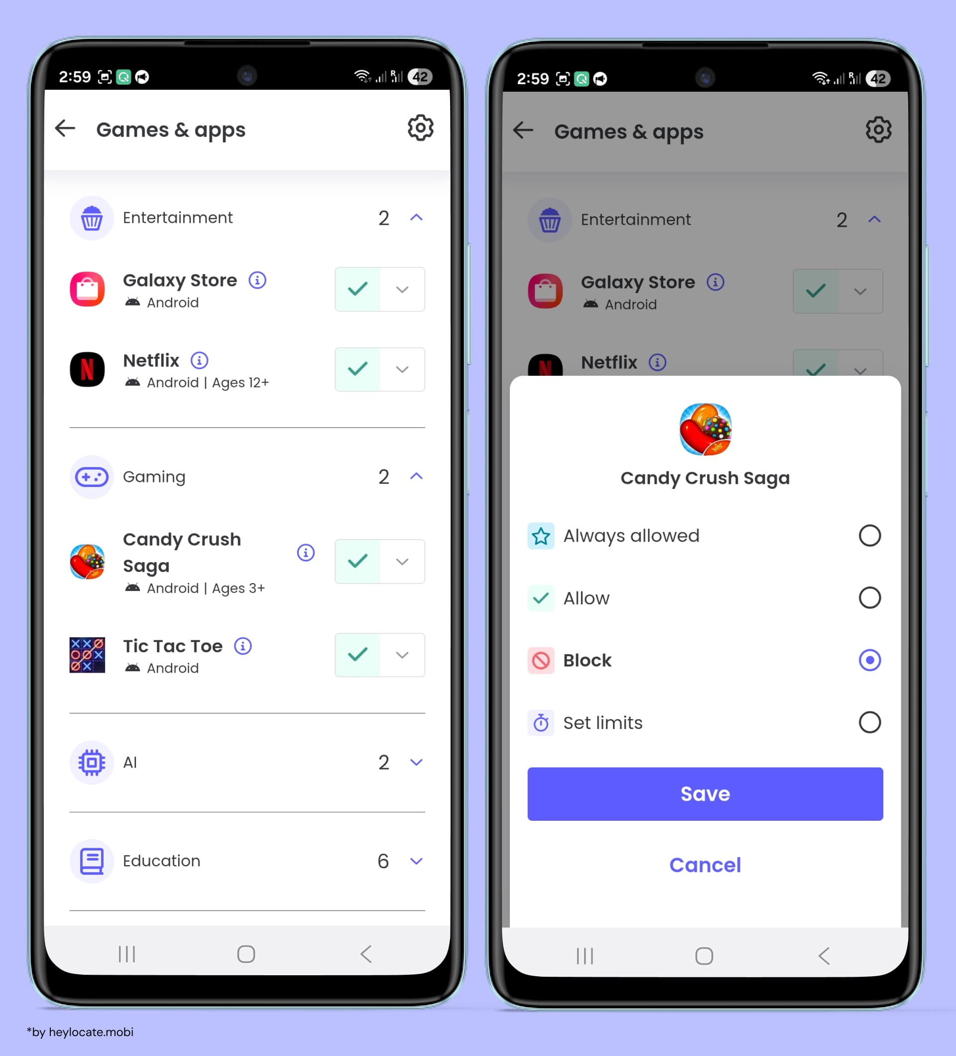 A list of games with control options and a settings screen with the choices Always allowed, Allow, Block, or Set limits.