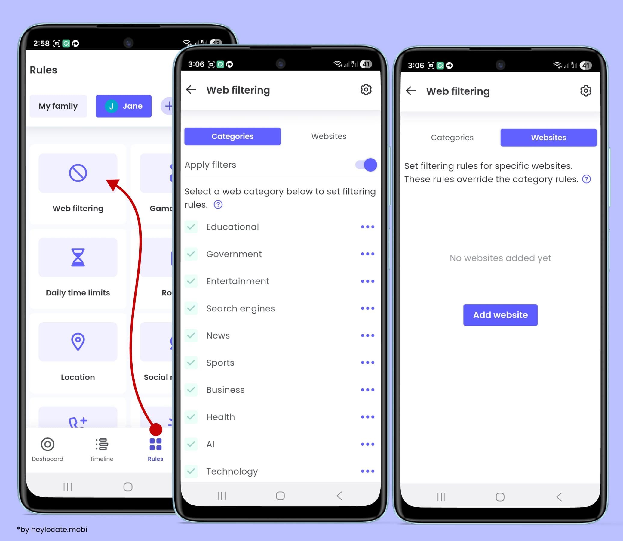 Open the Rules section, select Web filtering, select the categories to block or allow, and add individual sites if necessary.