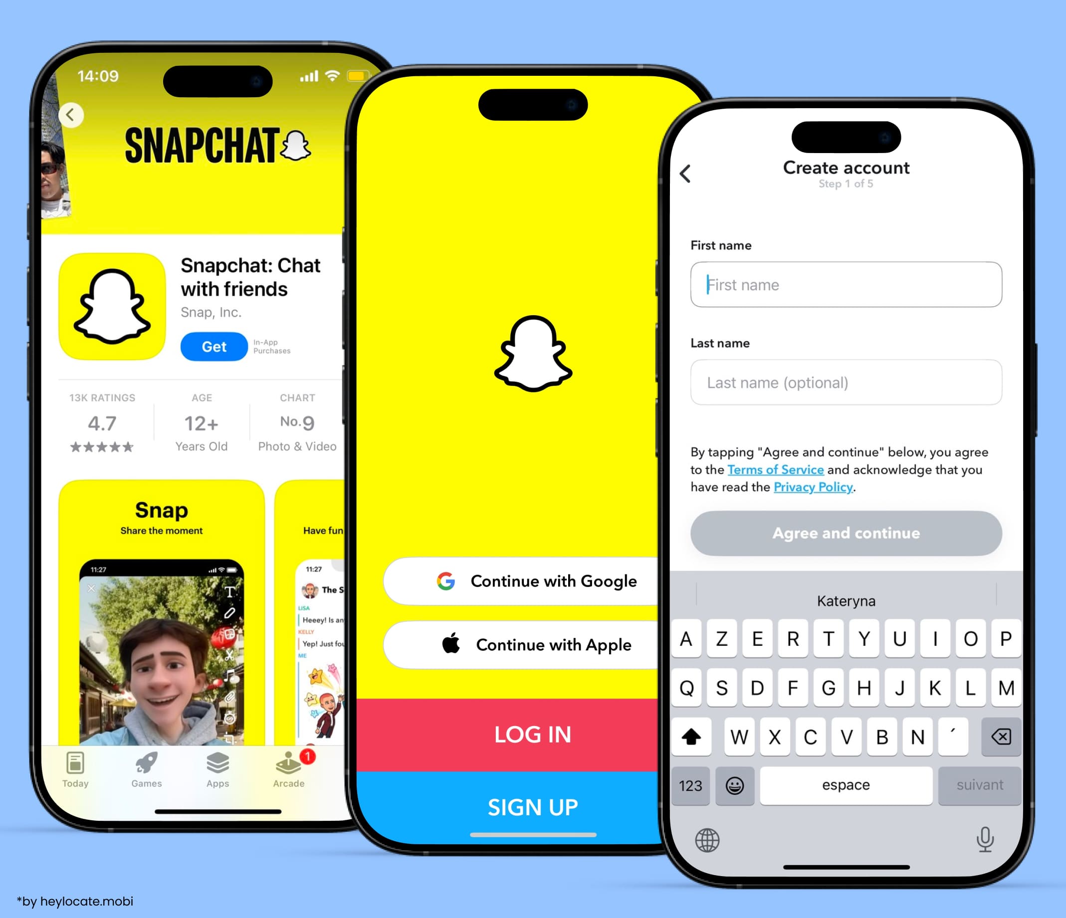 Screens for installing Snapchat, logging into an account, and registering a new user.