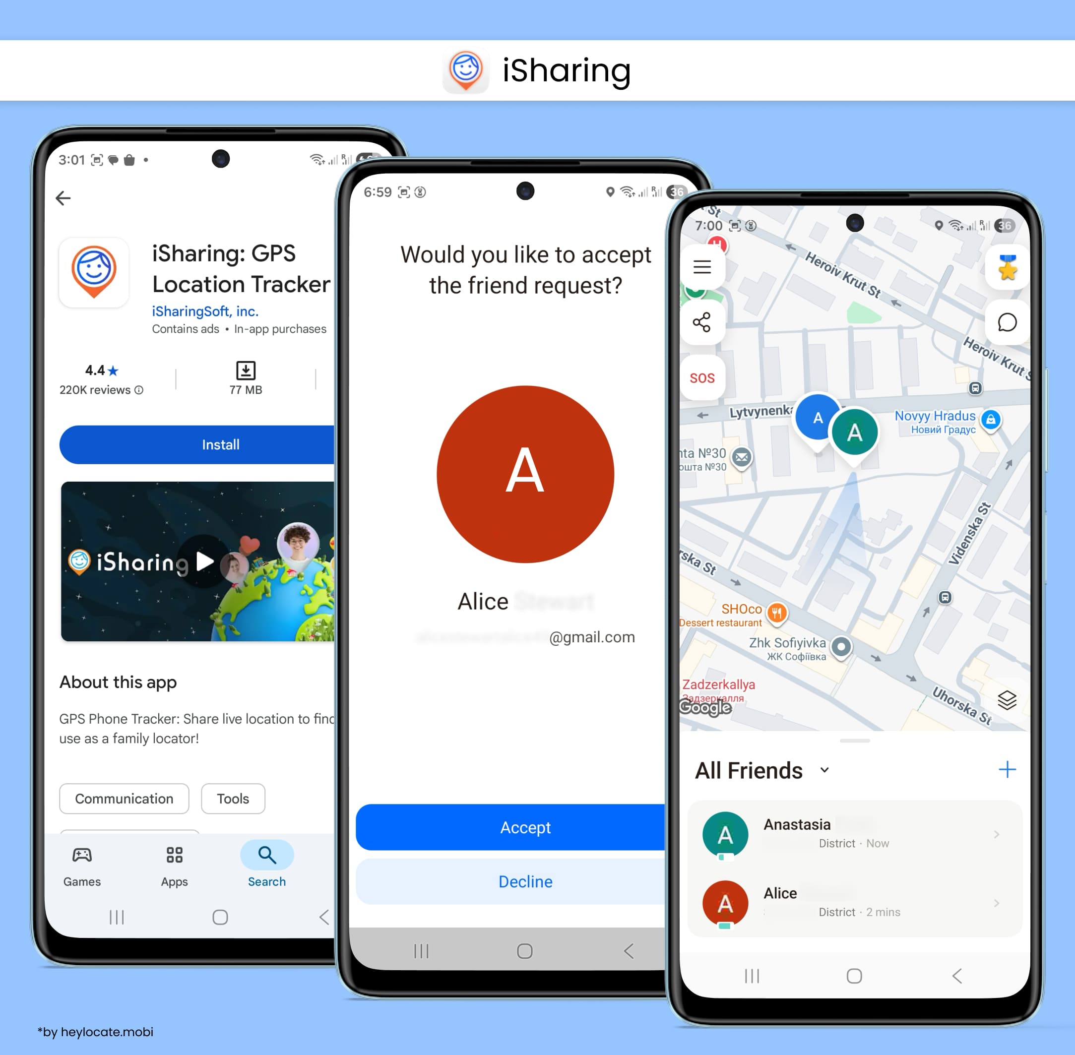 Install the app, accept friend requests, track on the map.