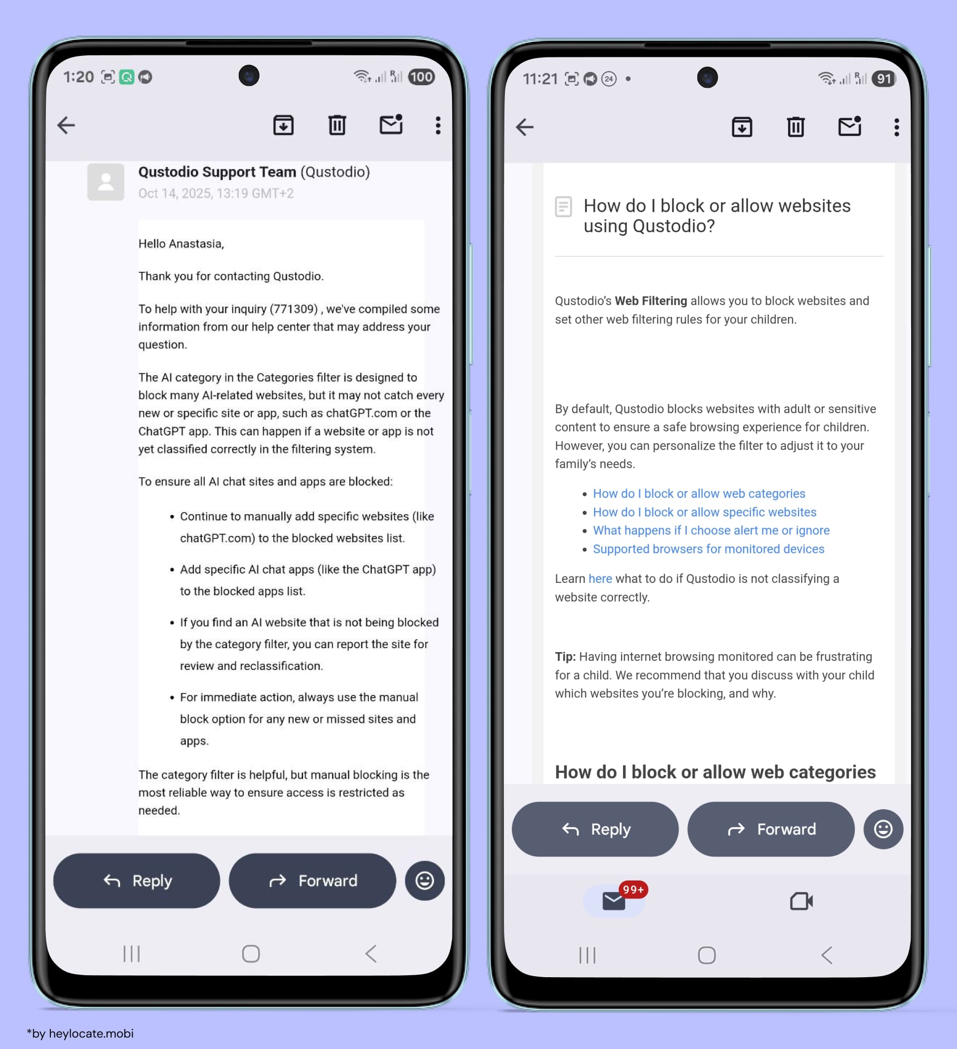 Correspondence with Qustodio support and instructions received on setting up parental controls.