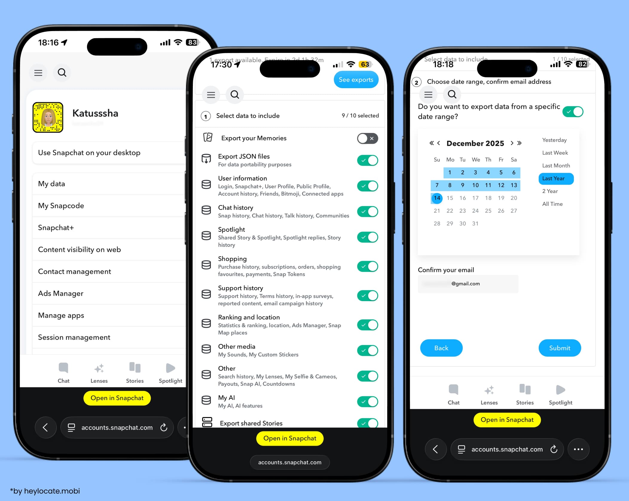 Selecting data and period for downloading information from your Snapchat account.