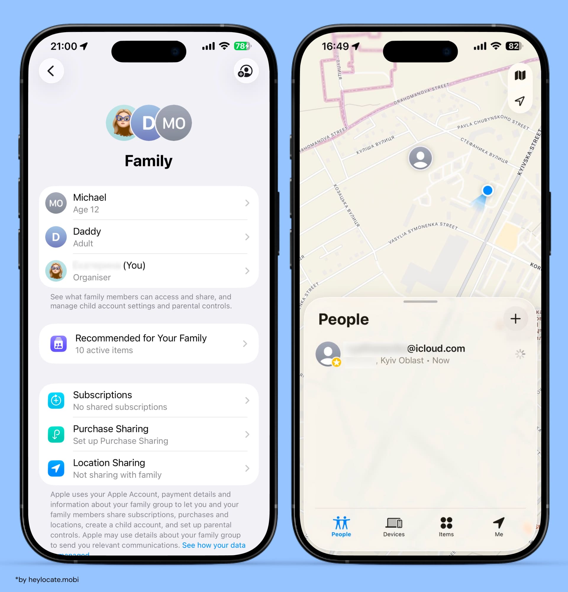 Family Sharing menu with family members and parental settings, and a map with location sharing via Apple Find My with a location pin.