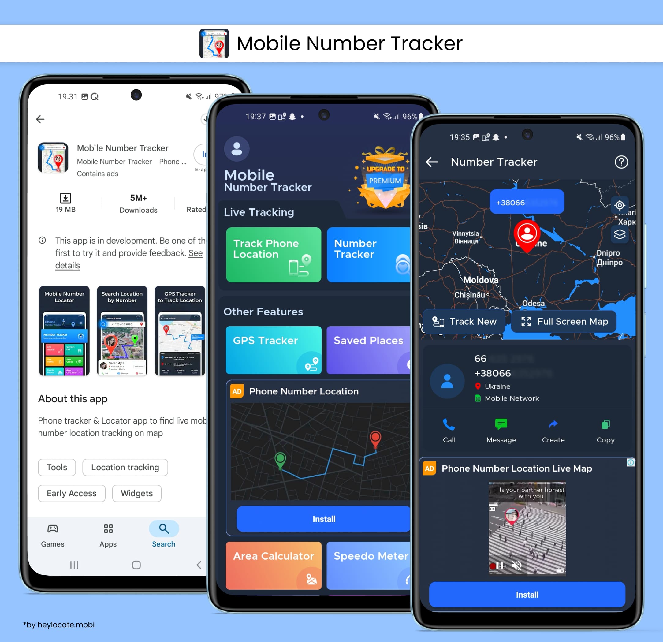 Installation of the application, main page with various functions, search results on the map.