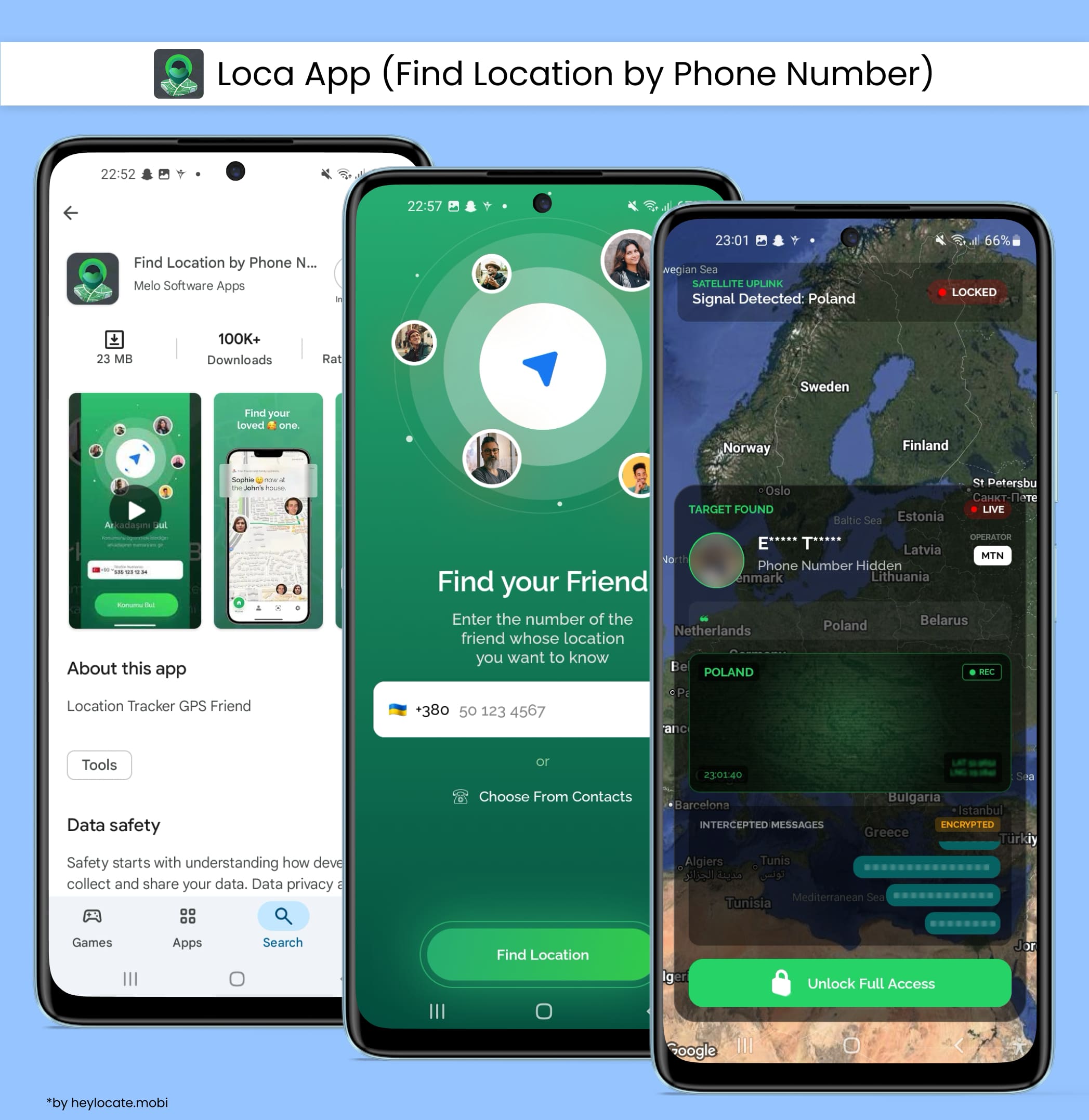 Install the app, enter the target phone number, and display the live location.