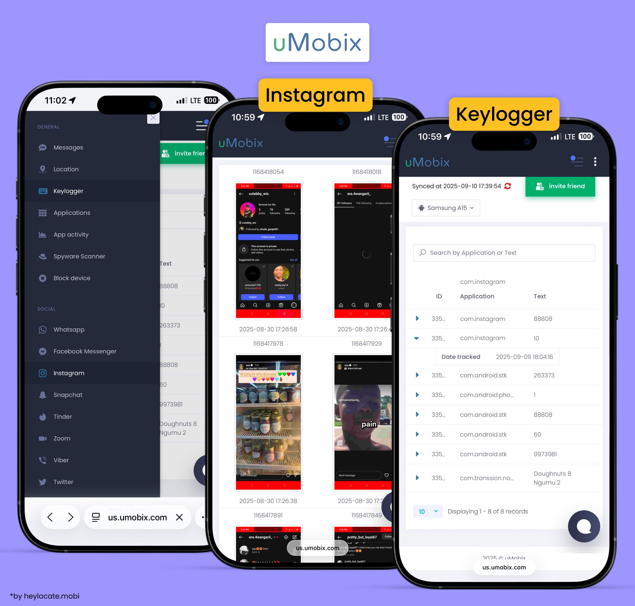 uMobix control panel with Instagram and Keylogger sections, showing screenshots of activity and keystroke logs.