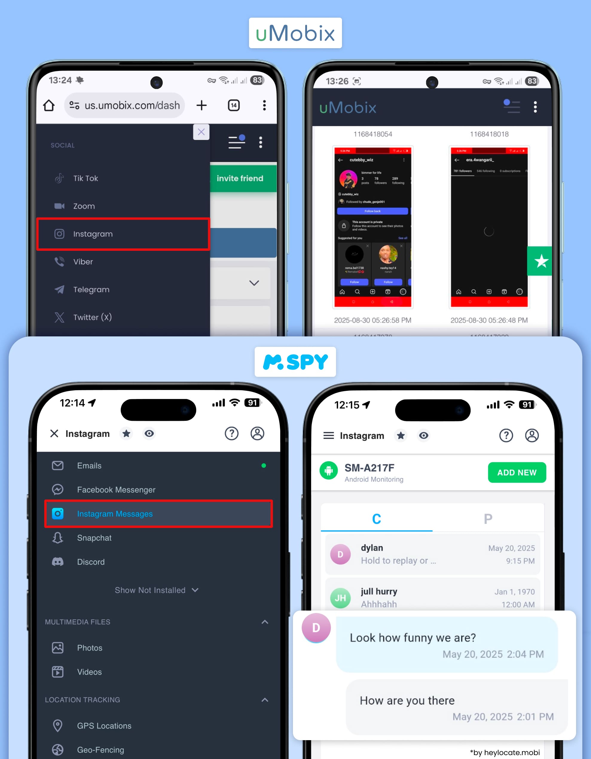 Viewing Instagram screenshots in uMobix and Instagram conversations via mSpy.