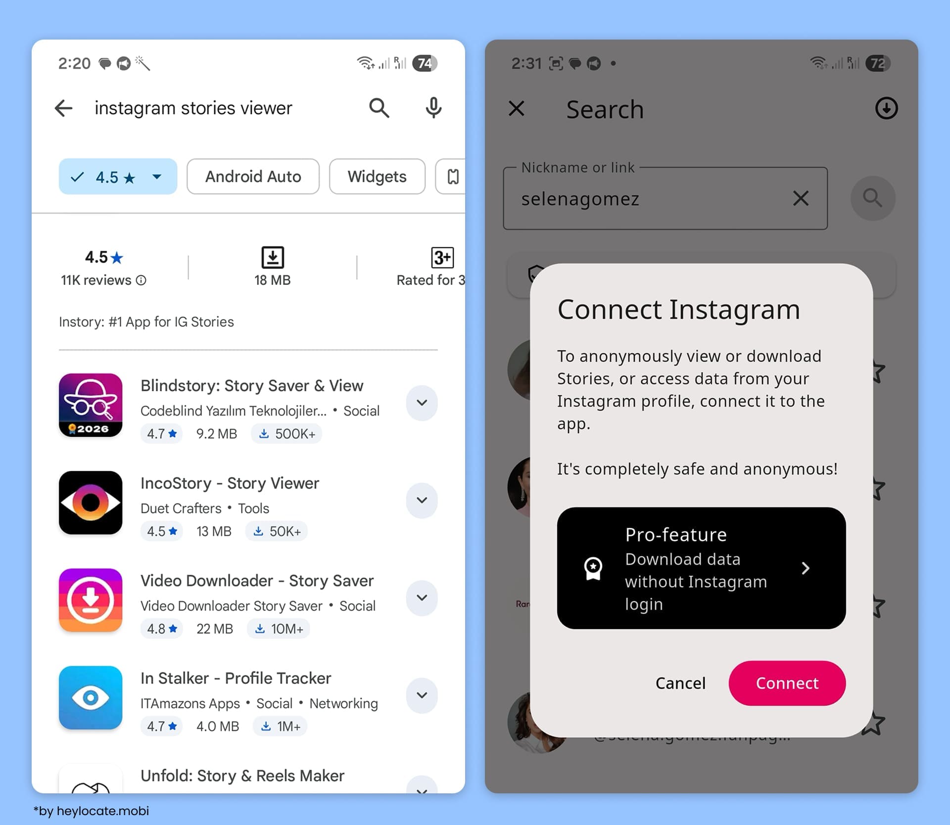 Search for Instagram Stories Viewer on Google Play and the connection window inside the app.