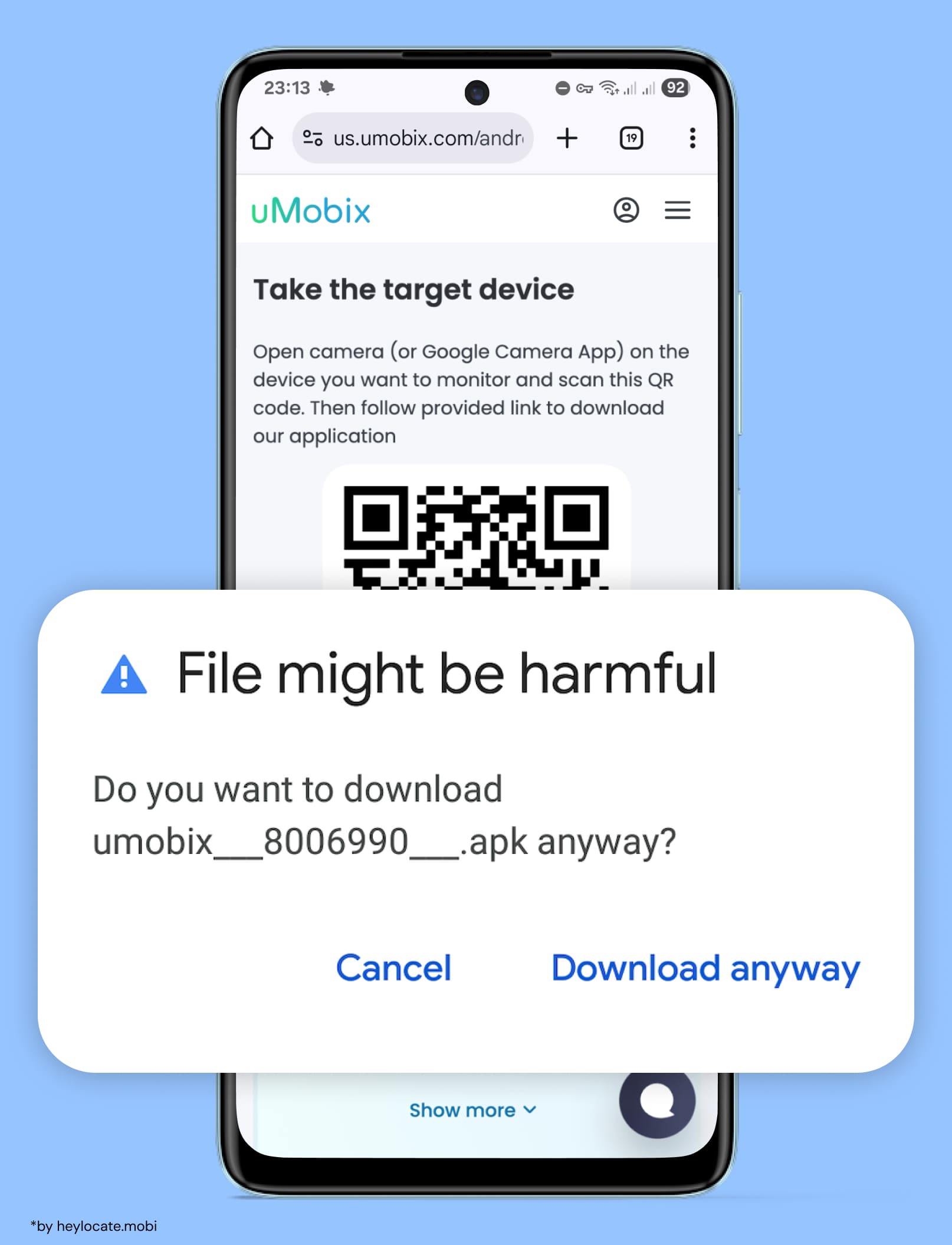 Installing the uMobix app with a QR code and a warning about downloading the APK.