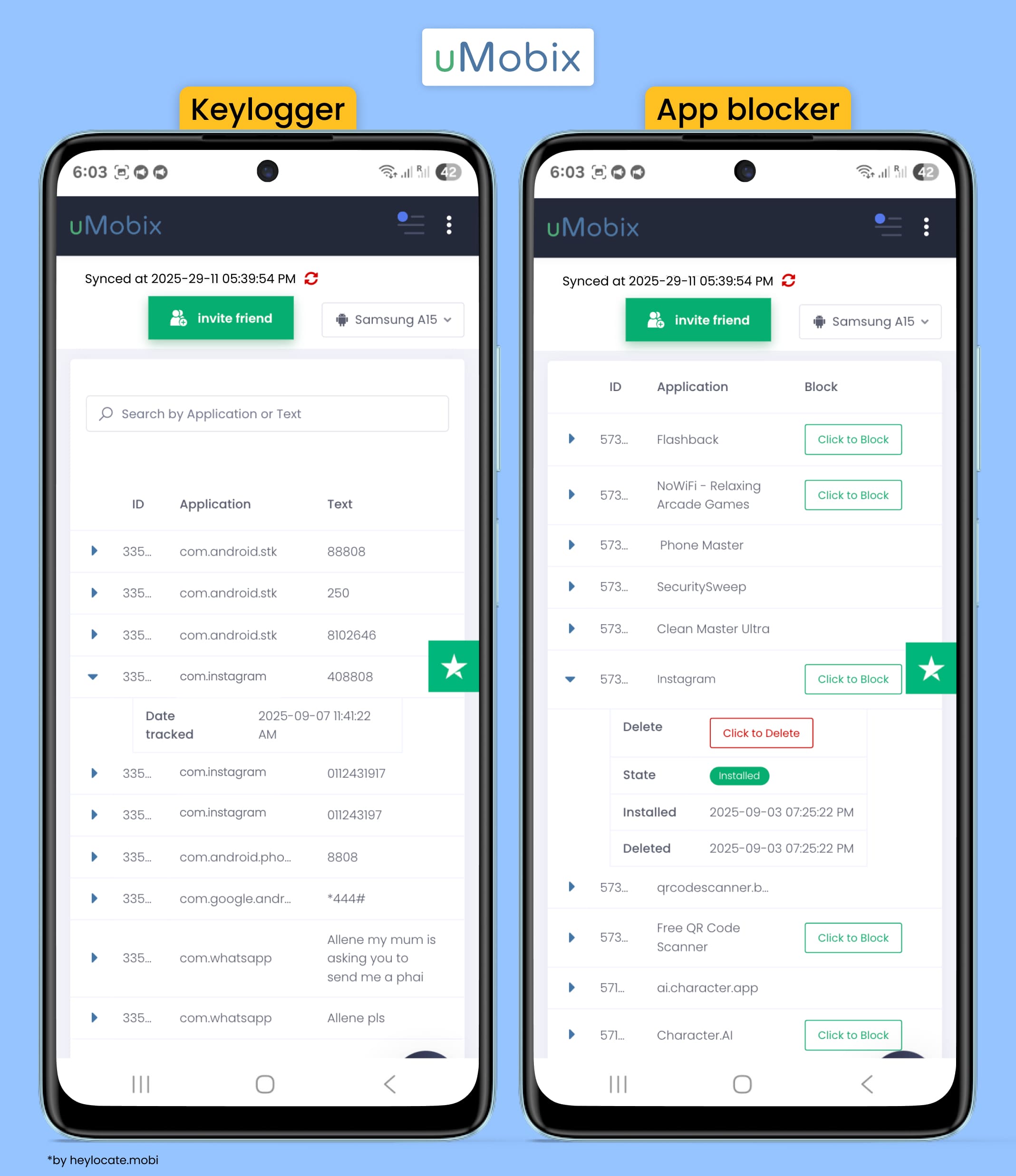 Keylogger with a list of entered data and App Blocker with a list of applications and block buttons.