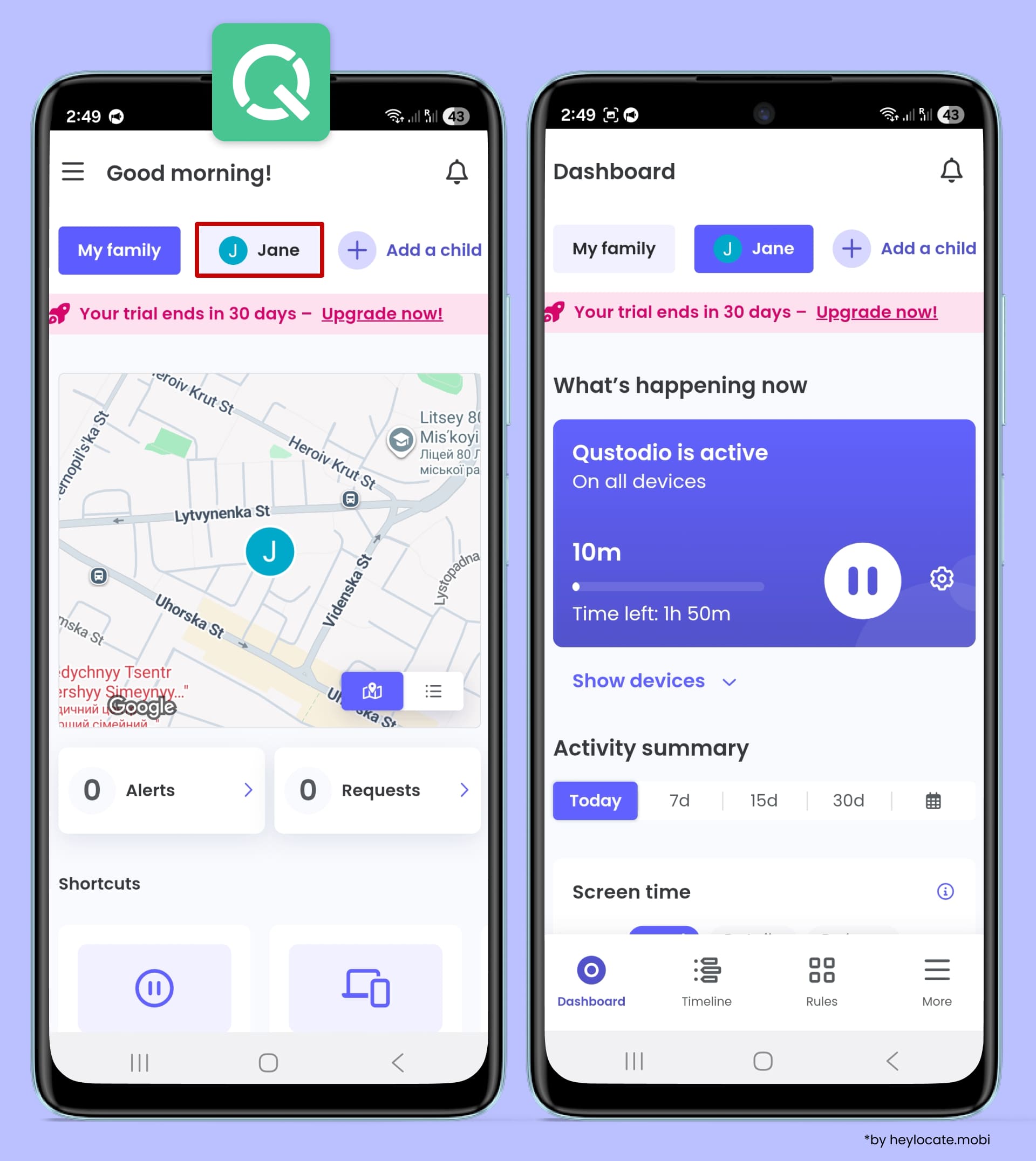 Qustodio main screen displays the child's location on a map and and also set up screen time.