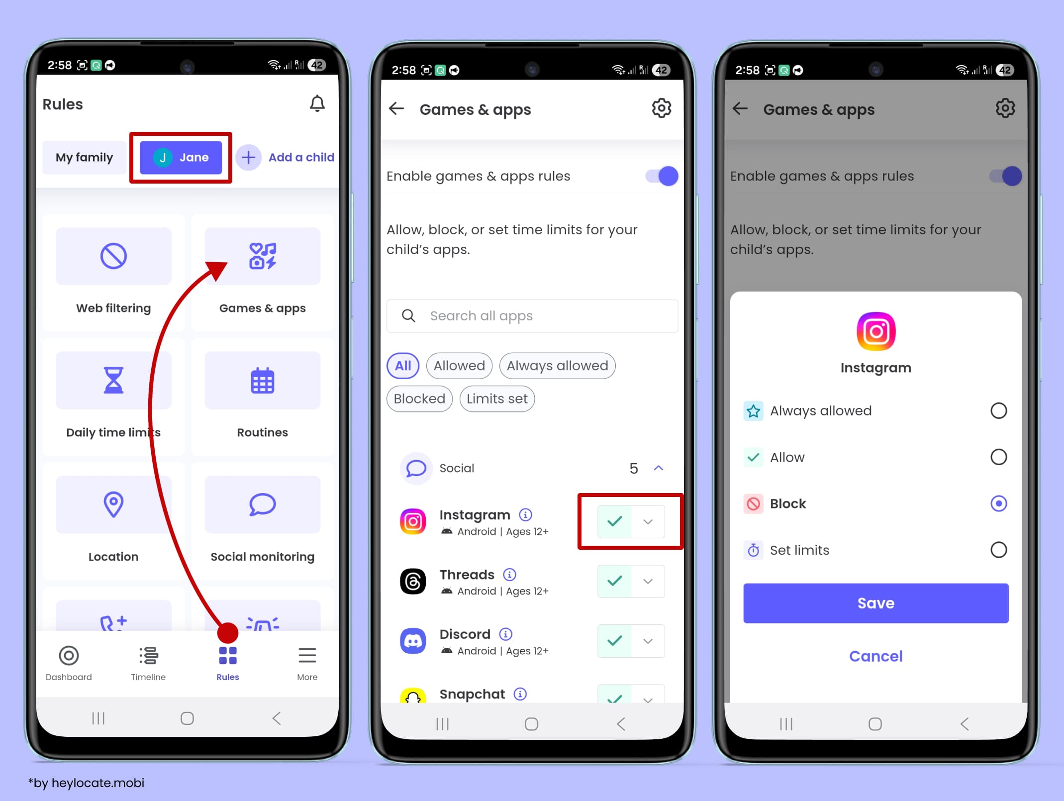 Select Games and Apps in the Rules section, then apply permission or blocking for a specific application.