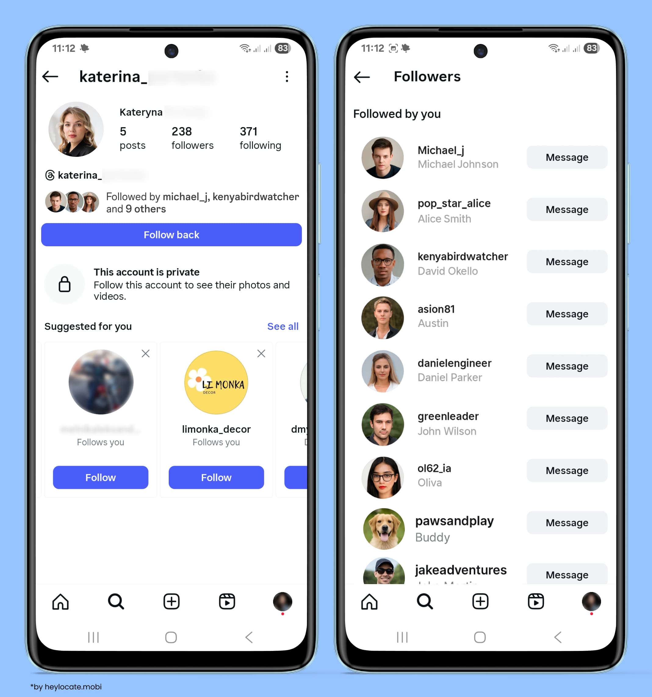 Private Instagram profile and list of followers, such as those who follow you and this person.