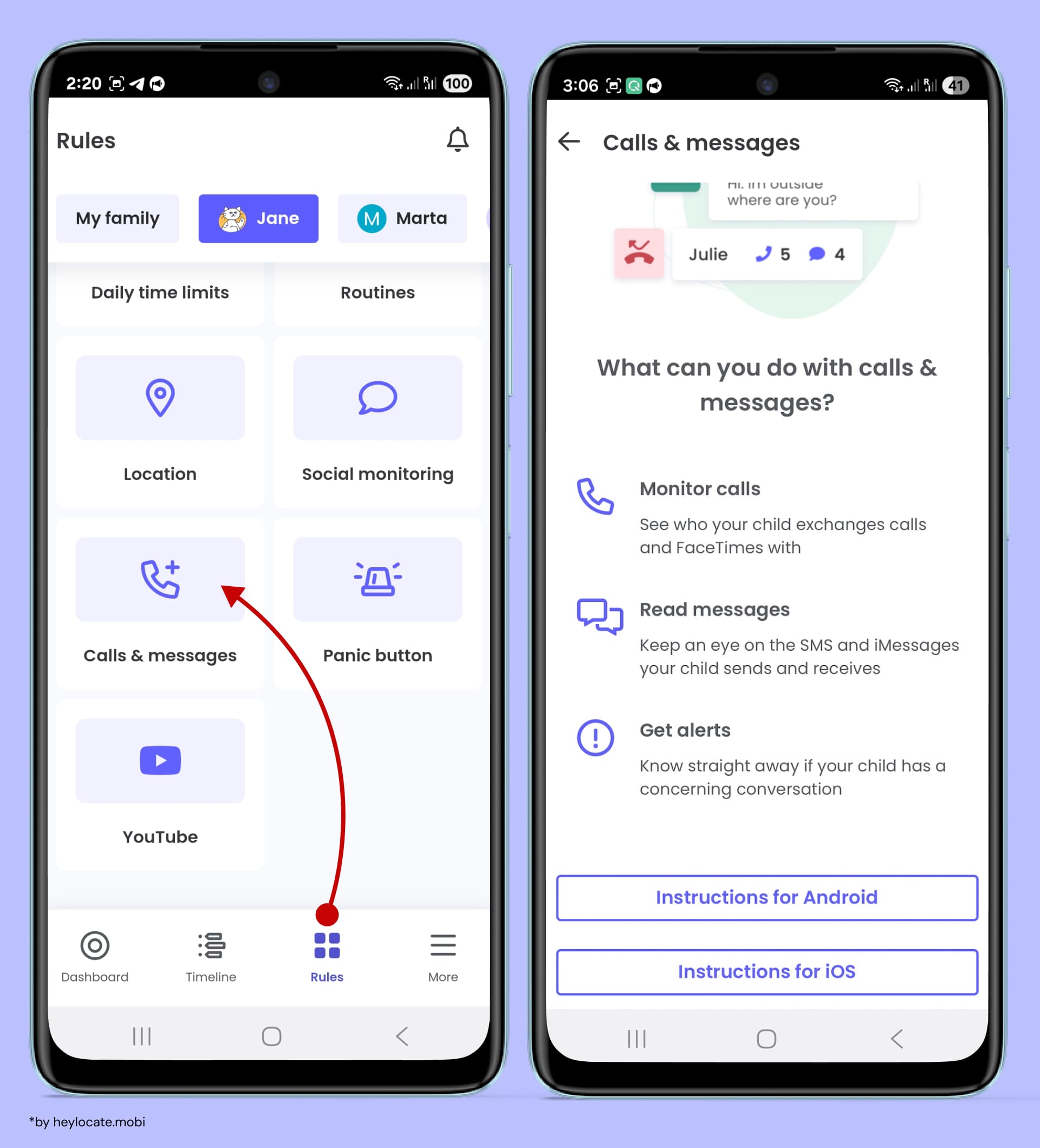 Qustodio settings with the “Calls & Messages” section, that promises to show parental control options for monitoring calls and SMS messages on your child's device.