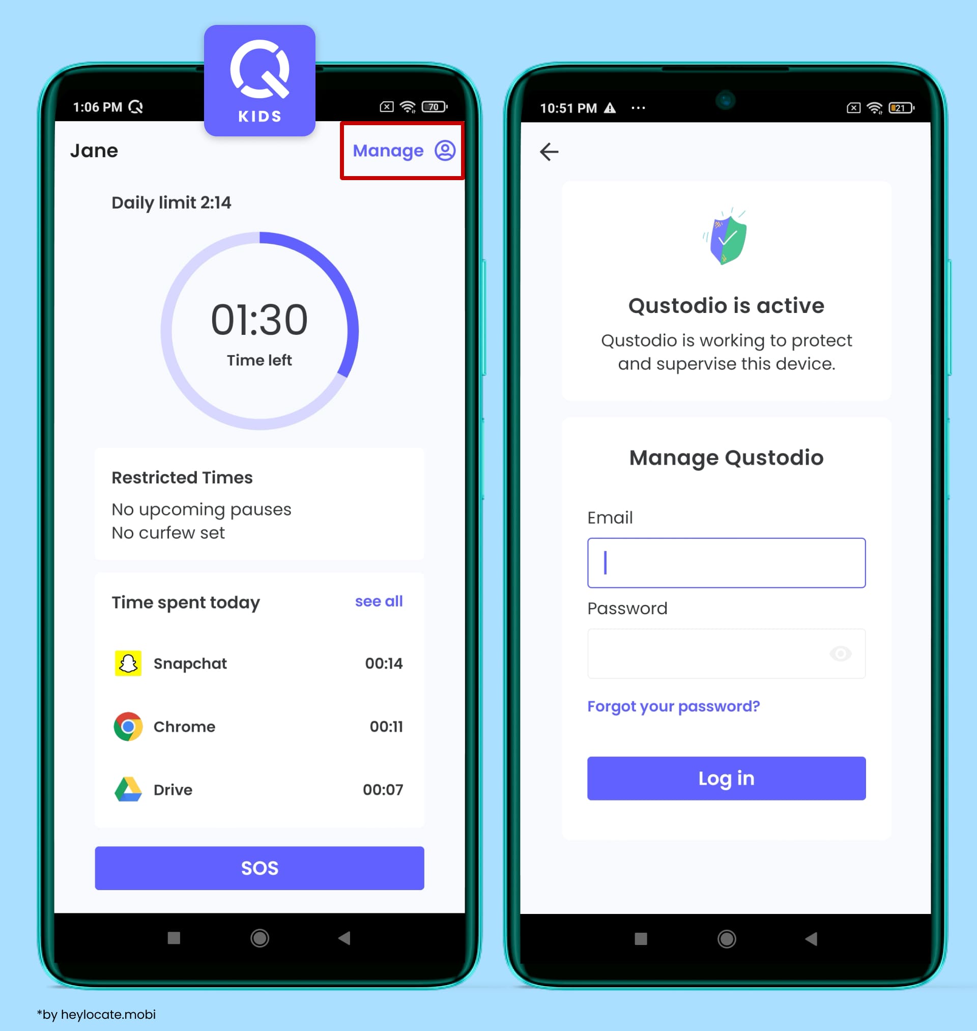 Screen time limit, usage statistics, SOS buttons, and login page to manage settings.