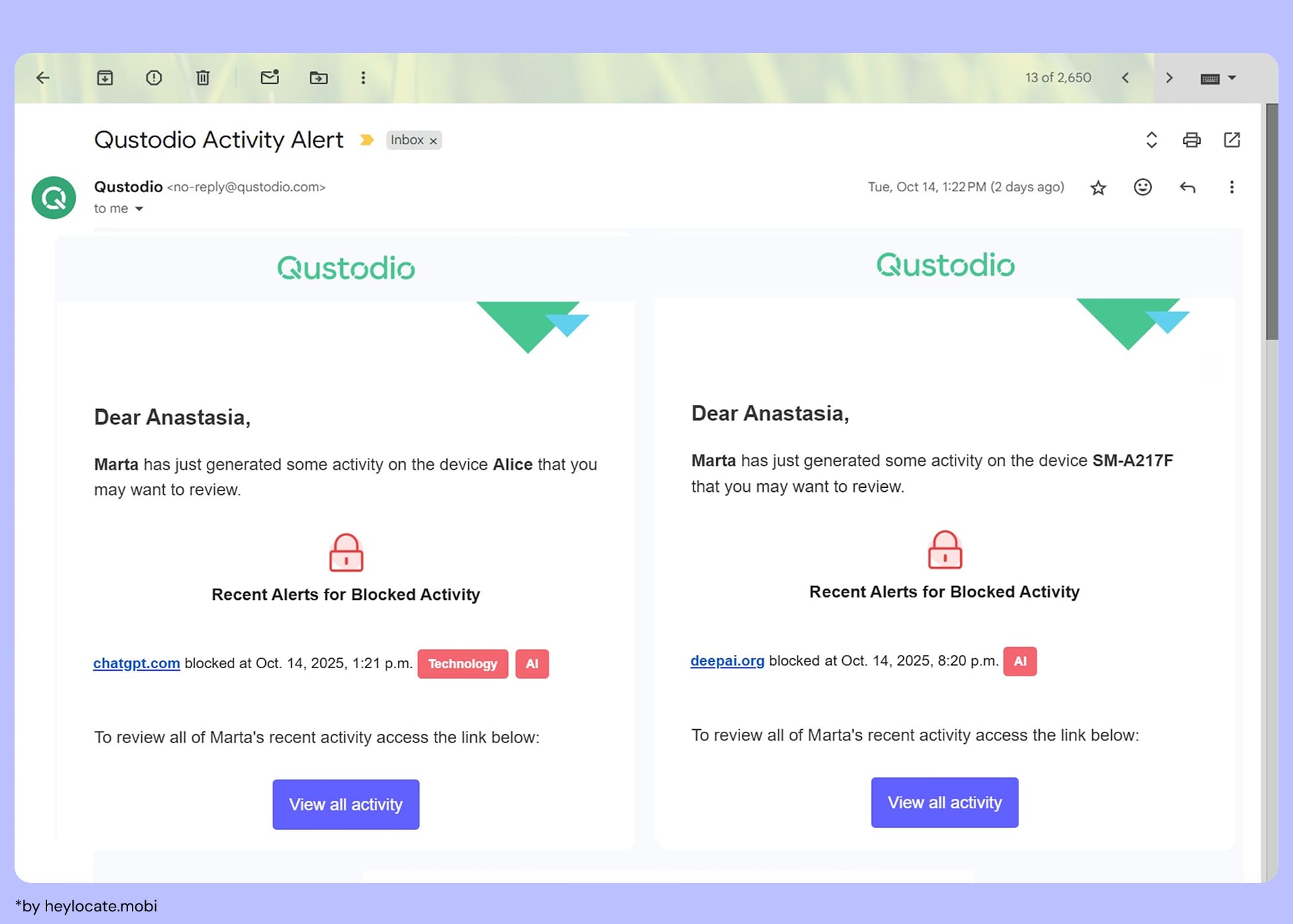 Qustodio email notifications about blocked attempts to access ChatGPT and DeepAI websites on children's devices.