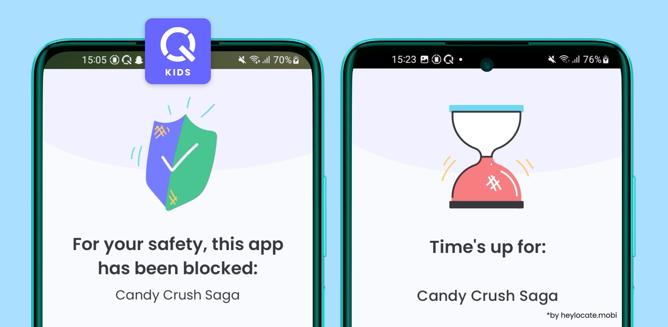Qustodio screens with notifications about blocked games and expired time limits.