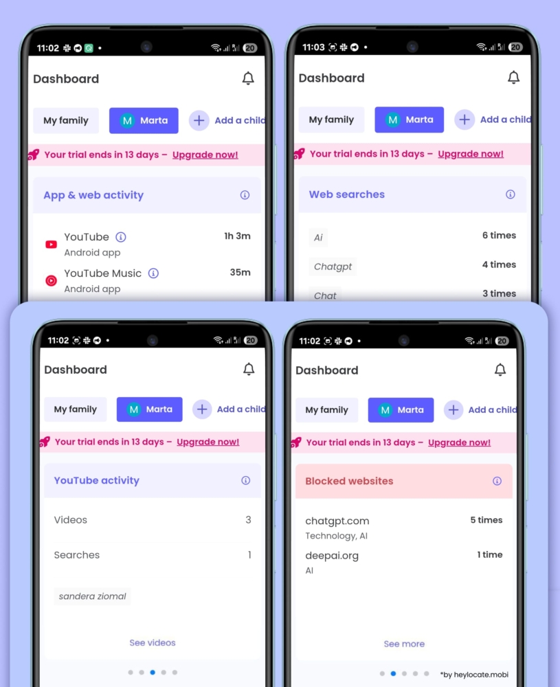 Qustodio reports on your child's apps, searches, YouTube, and blocked websites.
