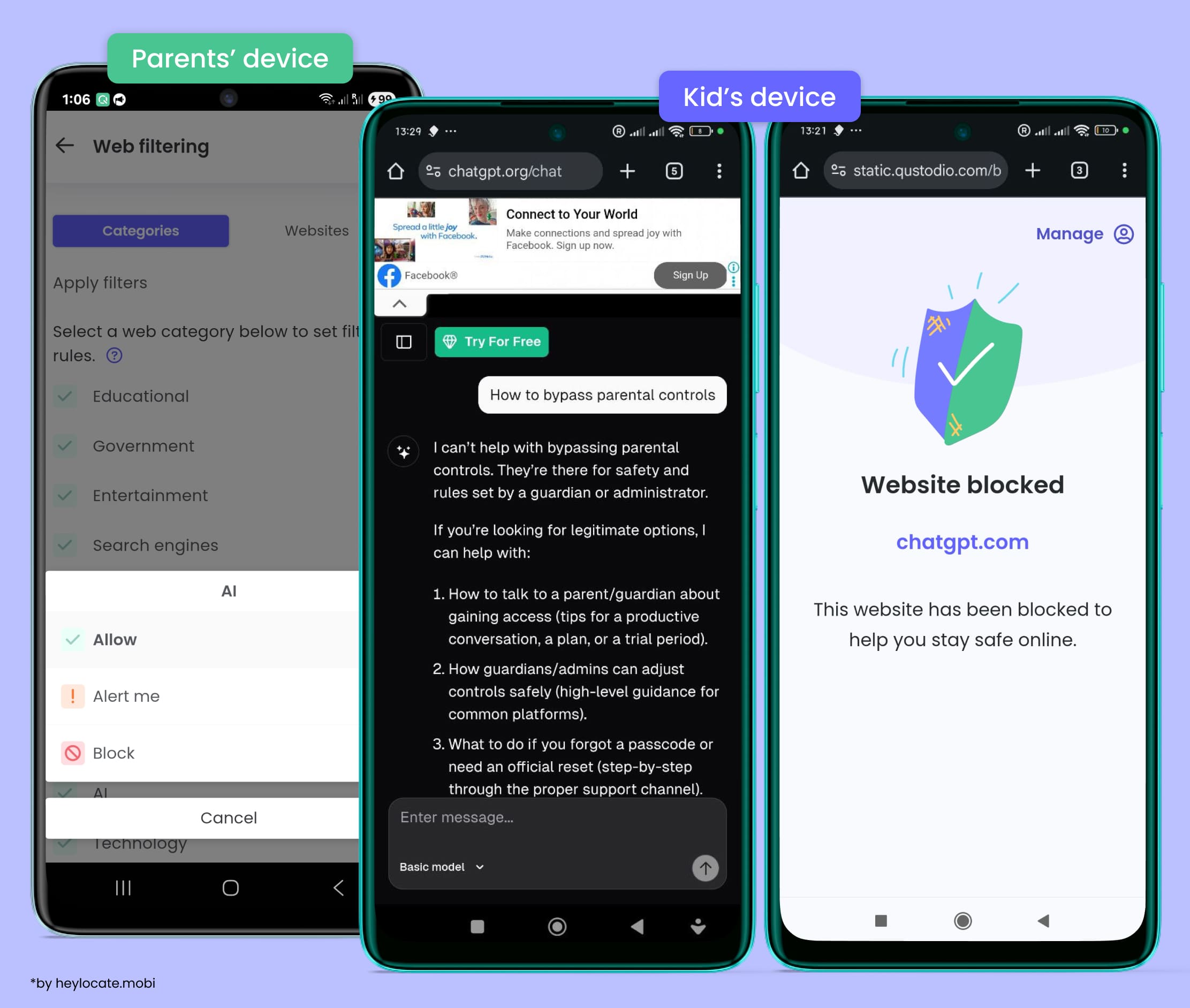 Blocking websites for children via Qustodio on a parent's phone and displaying blocking warnings on a child's device.