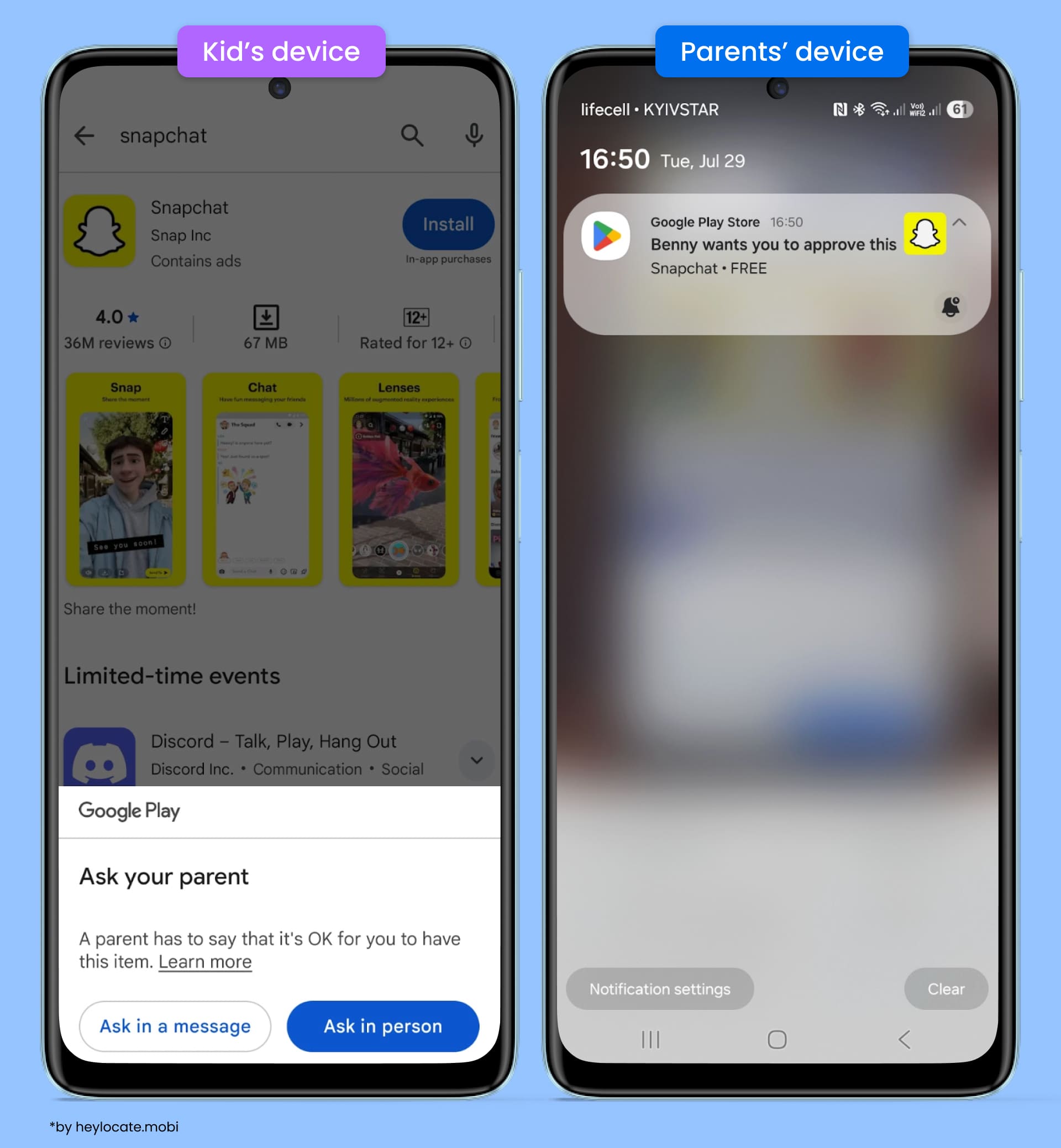 Notification to parents about their child's request to install Snapchat on Google Play.