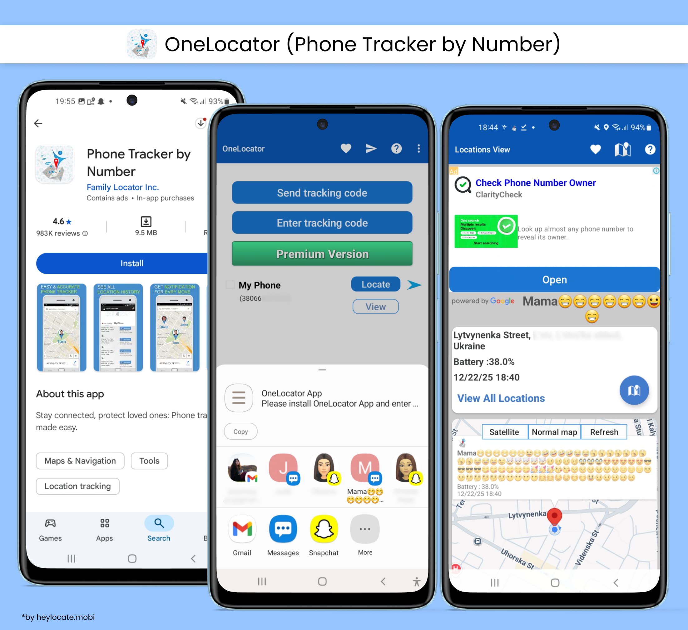 Installing the app, sending an invitation to the target number, and location information.