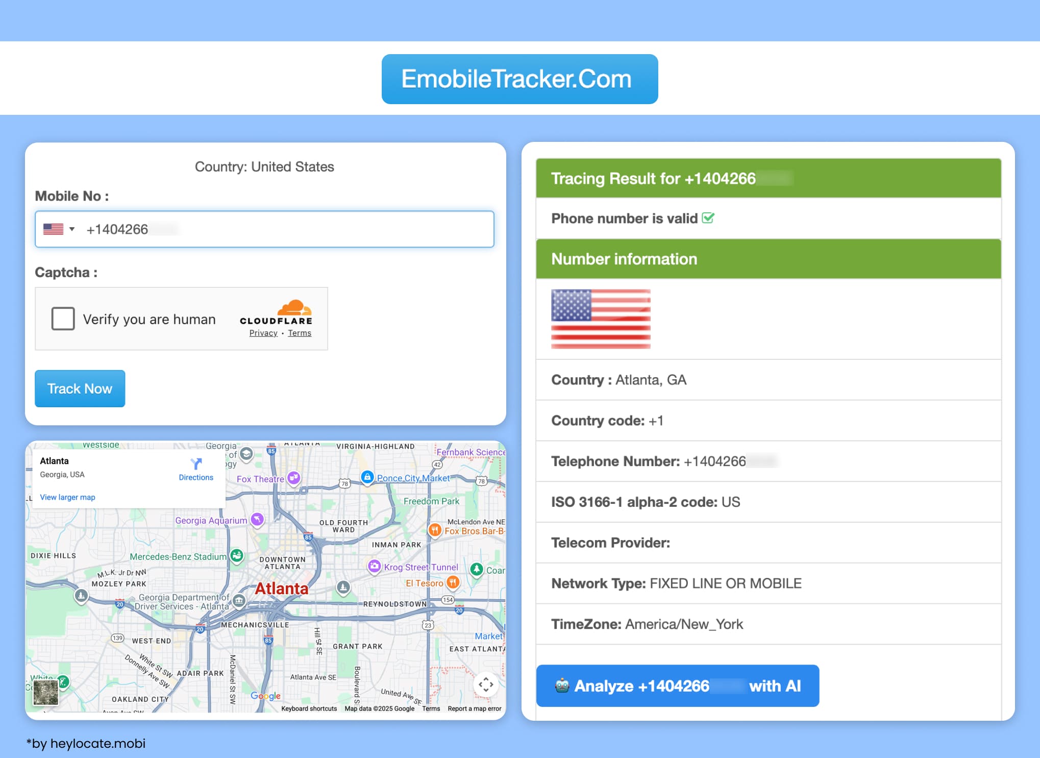 Enter phone number, view results about phone number, including location map.