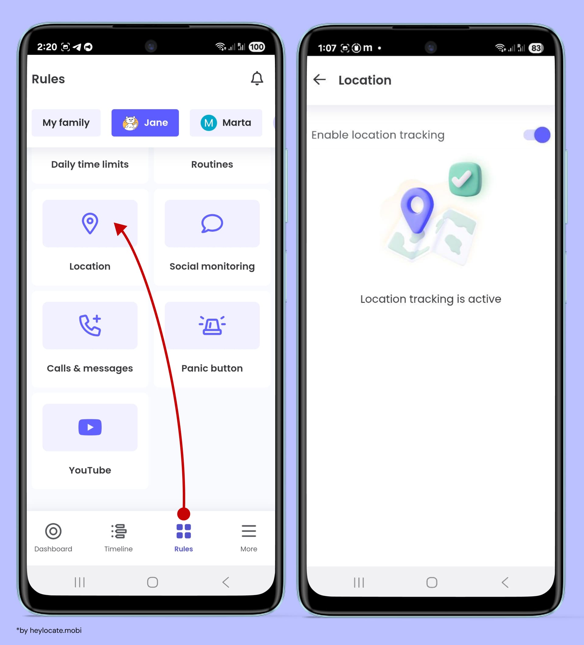 Rules tab with the “Location” option selected and the location tracking screen enabled.