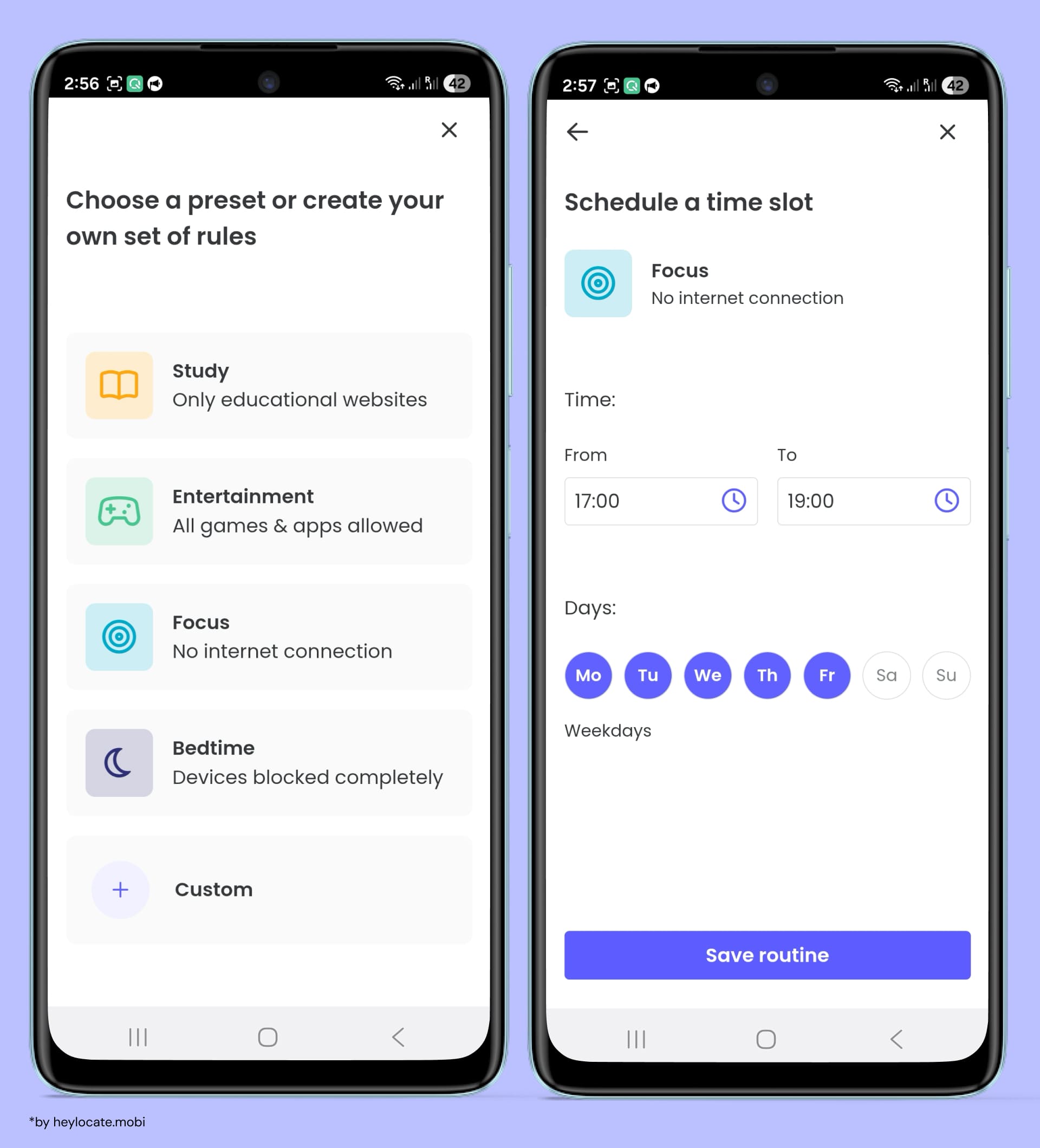 Choose from presets such as Study, Entertainment, and Focus, Bedtime, or create a custom preset, and set time intervals for daily routines by day of the week.
