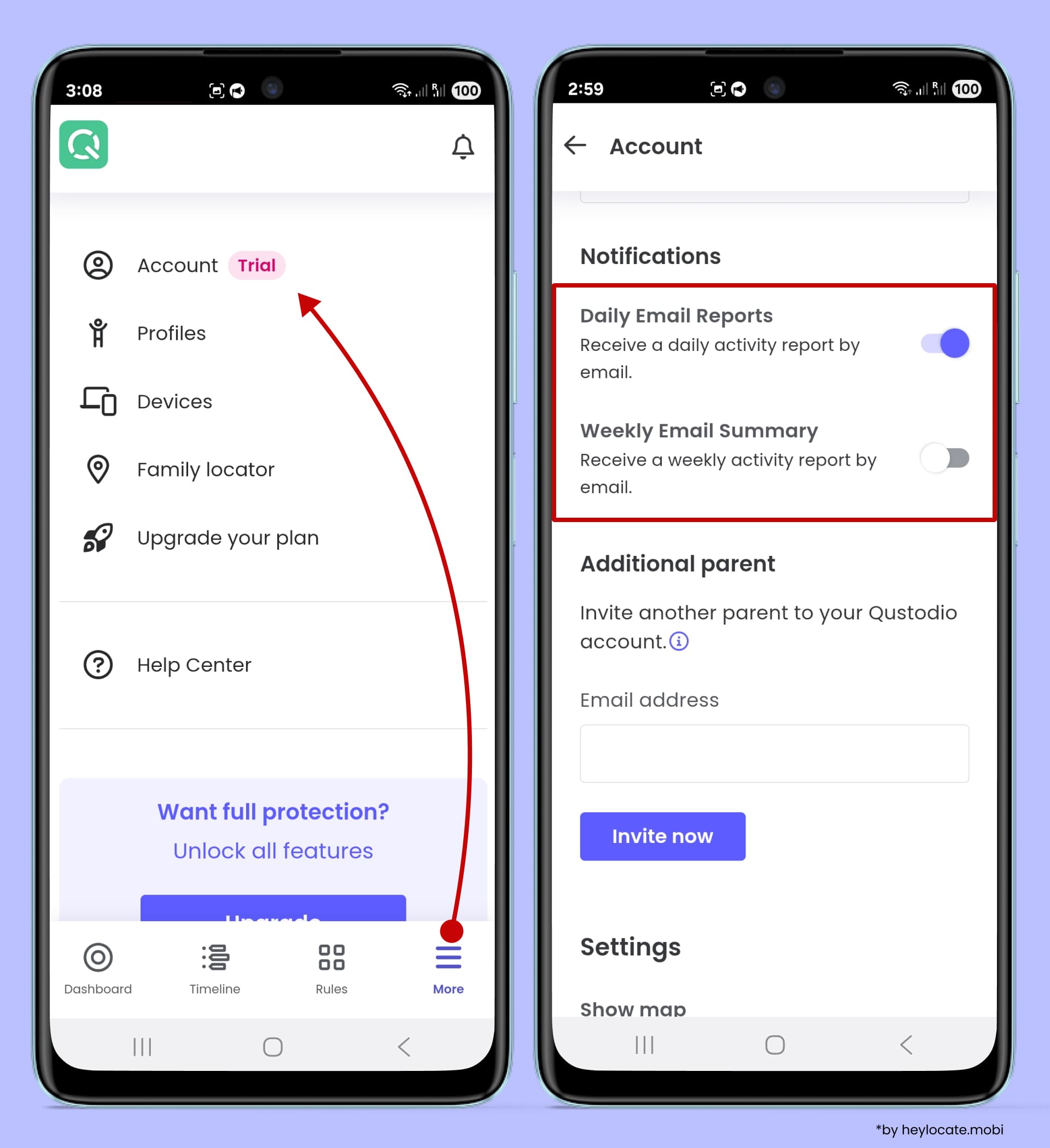 Open Account via the bottom menu More to select daily and weekly email reports.