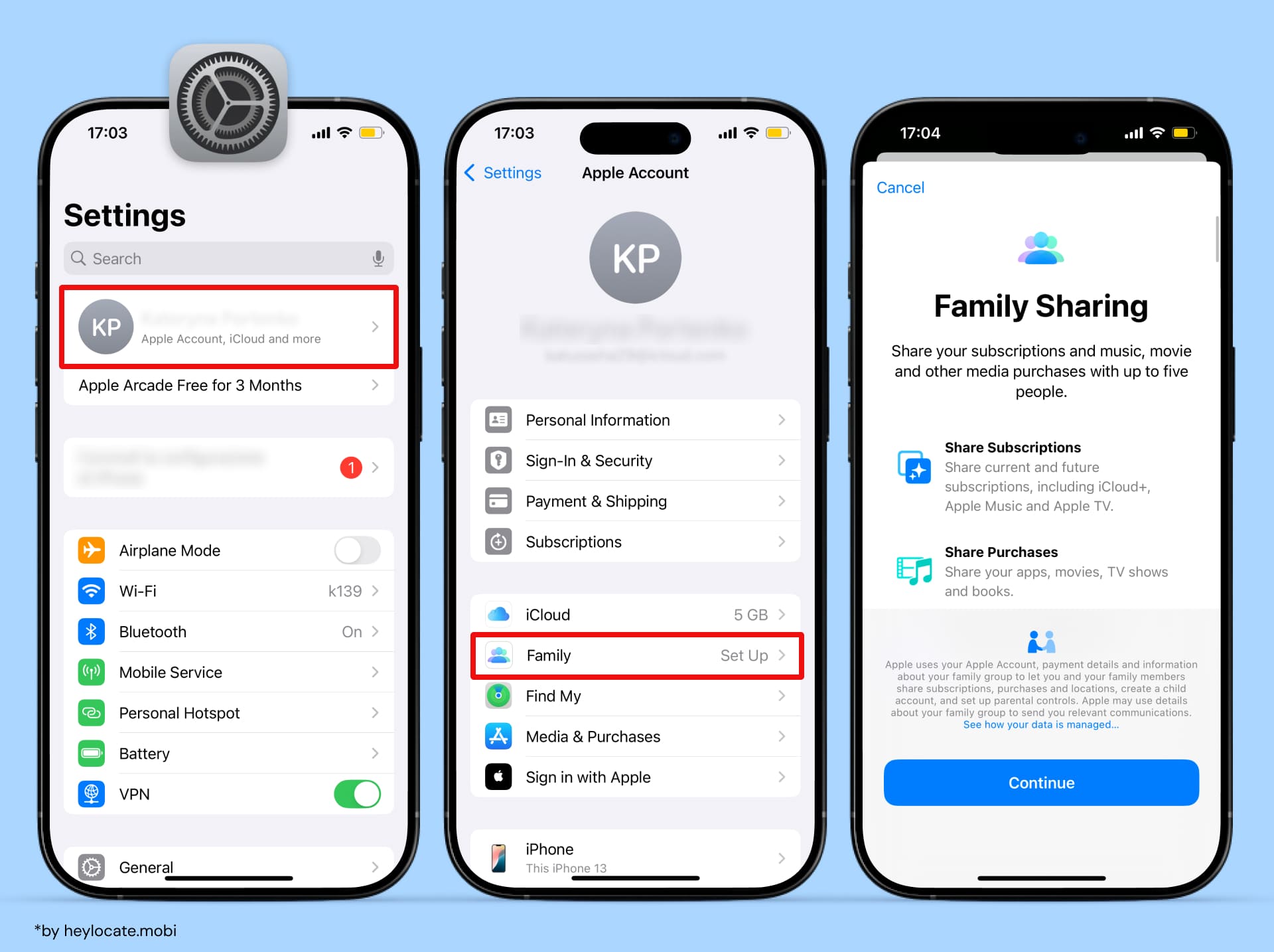 To enable Family Sharing, open Settings, tap Apple Account, tap Family, and Continue.