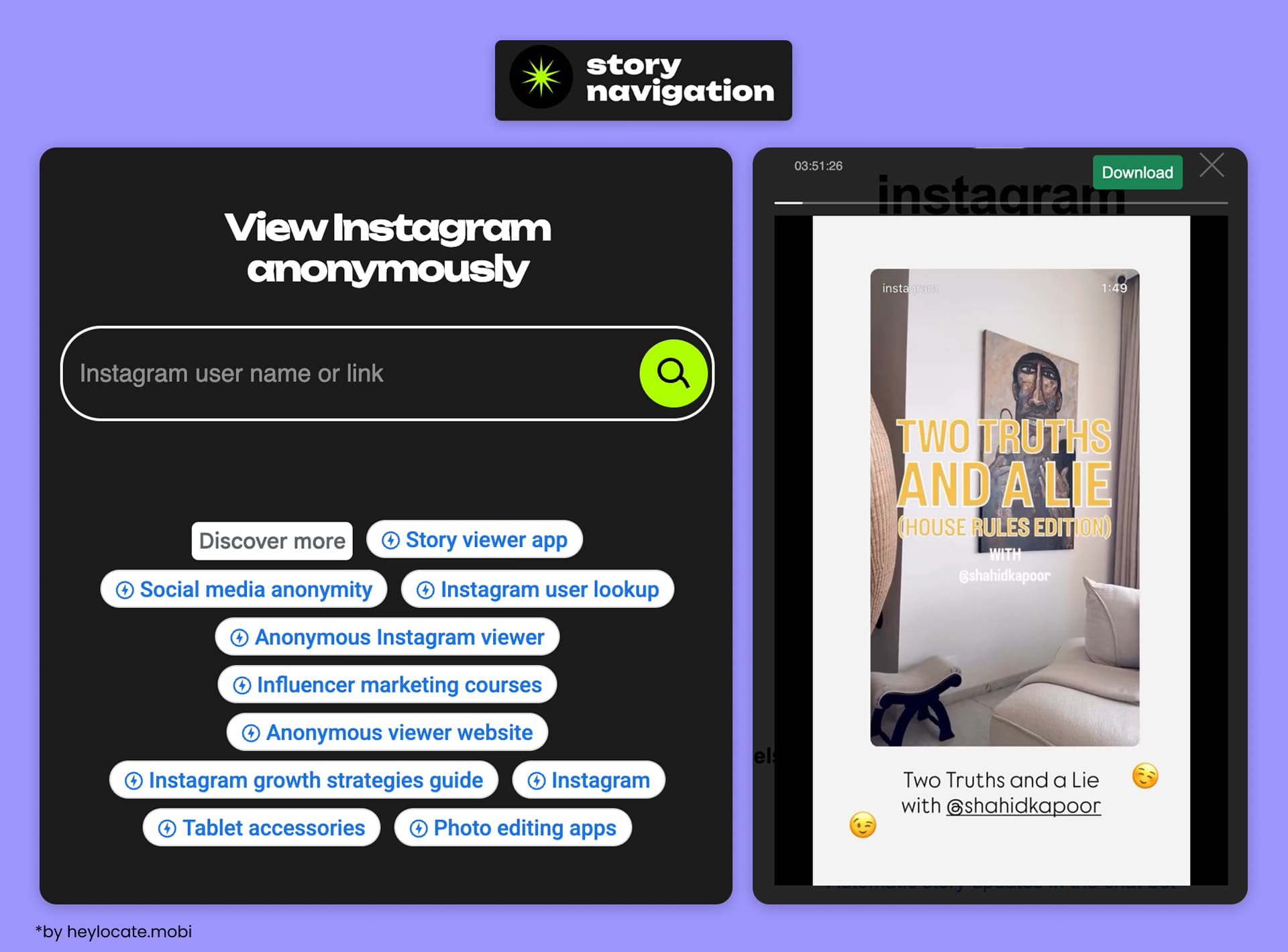 StoryNavigation interface with a search bar and an example of a public story with a download button.