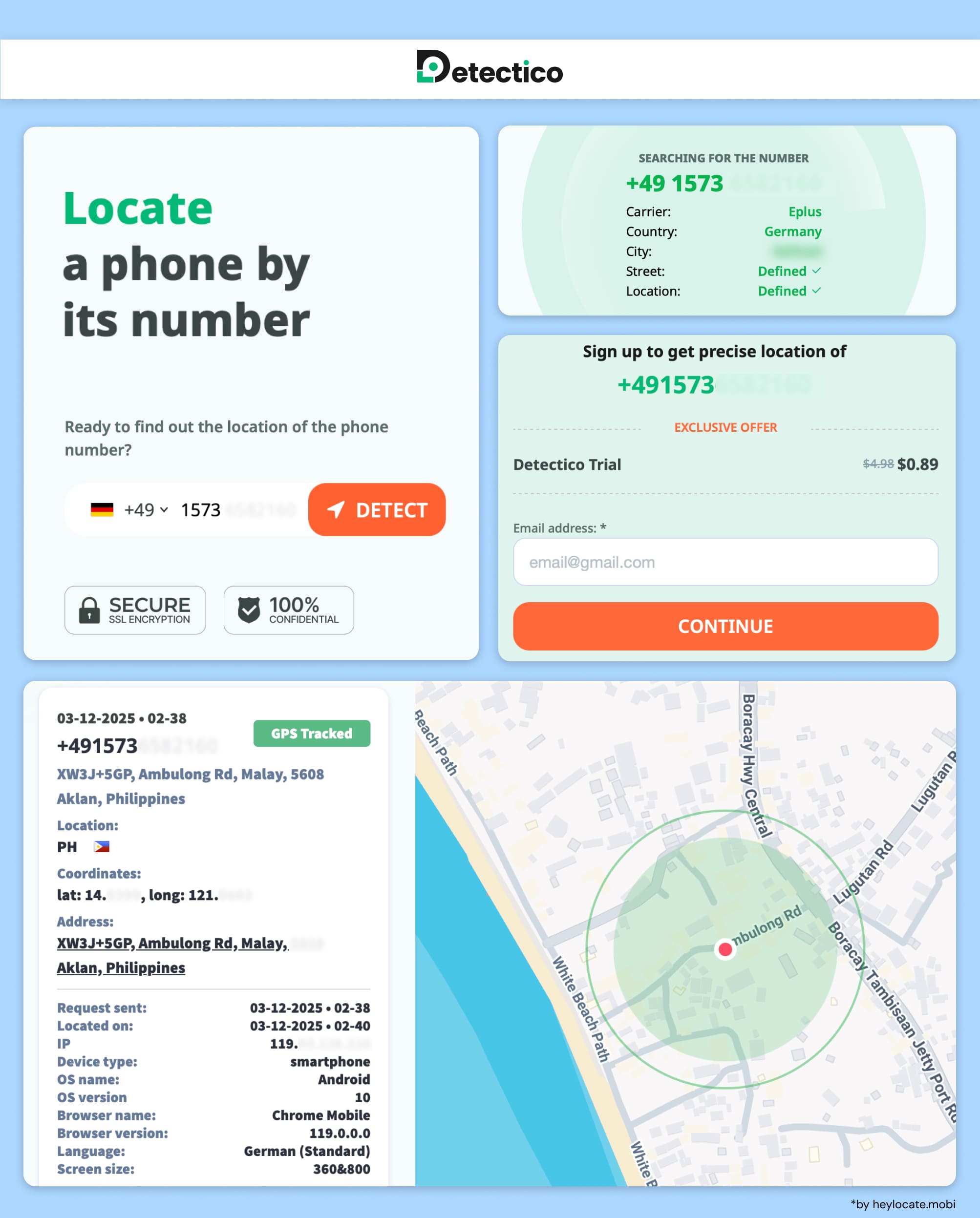 Enter phone number, get preliminary results, pay, get full results by location.