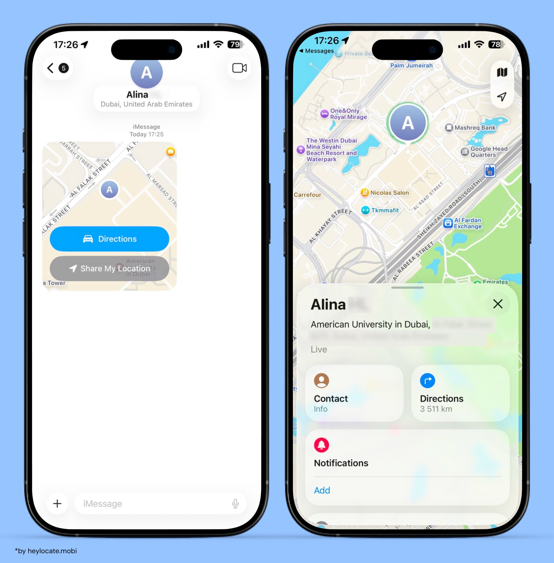 iMessage with a sent map and geolocation view.