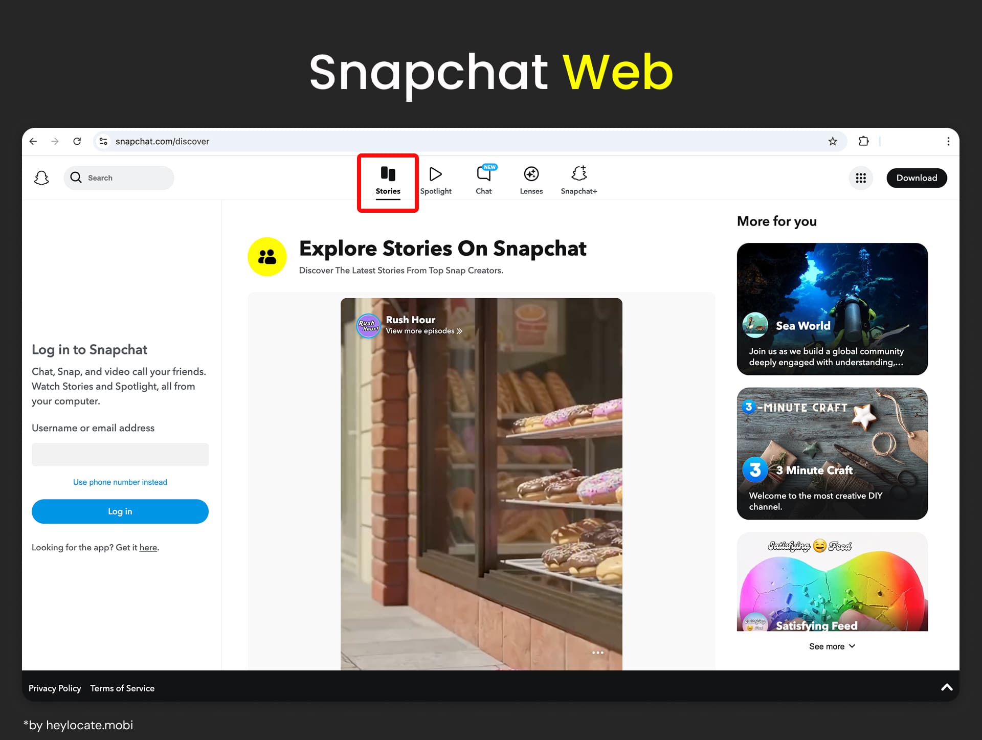 Home page of the Snapchat website with the Stories page highlighted.