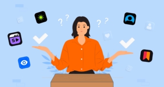 Illustration of a girl at a table, surrounded by icons of various applications and question marks.