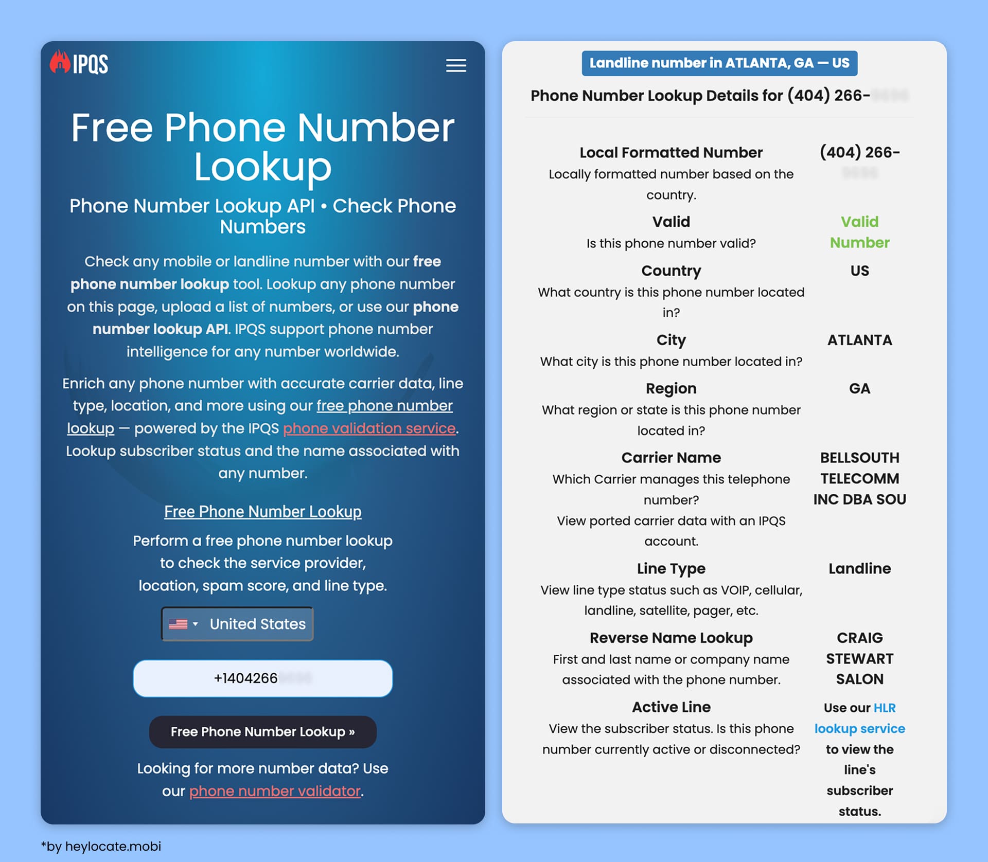 Results with information by phone number.