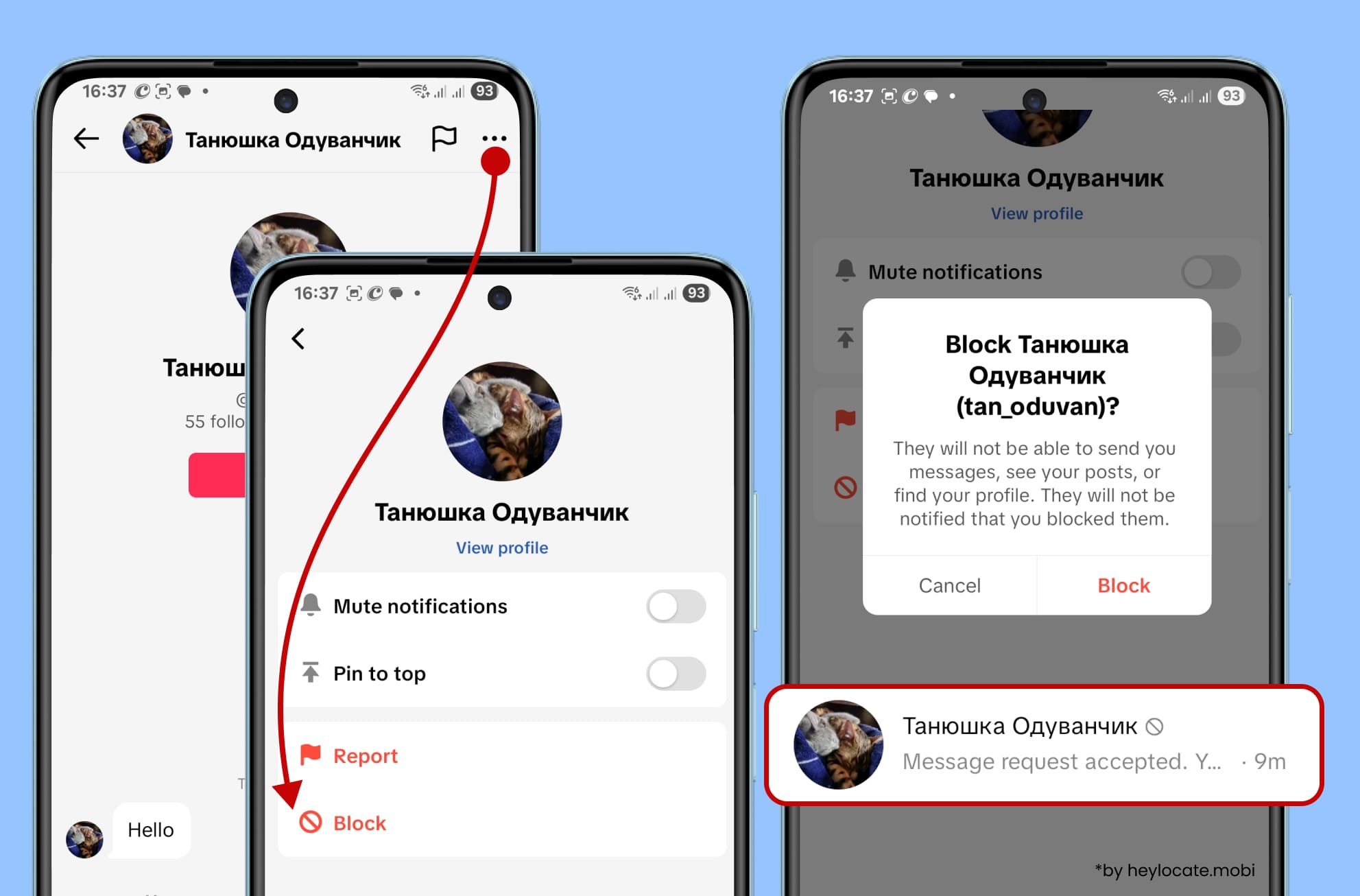 Enter the chat with the target person - click on the three dots - Block.