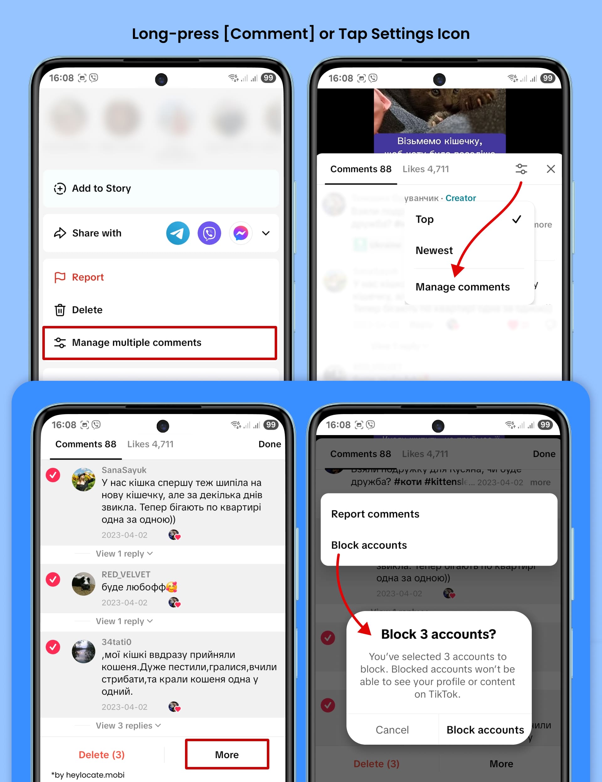 Click on "Manage comments" in the comments section under your video - More - Block.