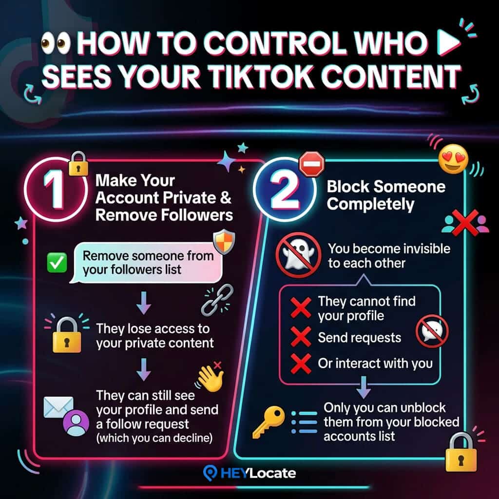 An infographic explaining how to control who sees your TikTok content by making an account private, removing followers, and blocking users completely.