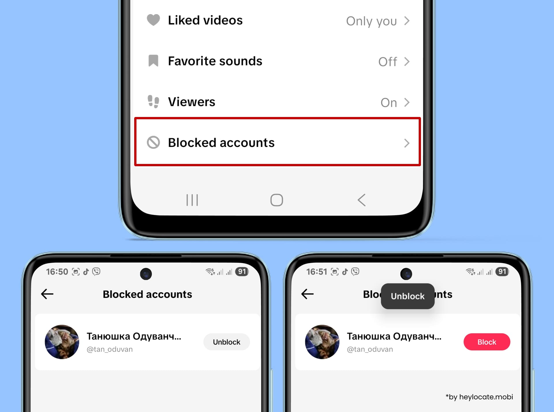 Go to the blocked accounts tab - unblock.