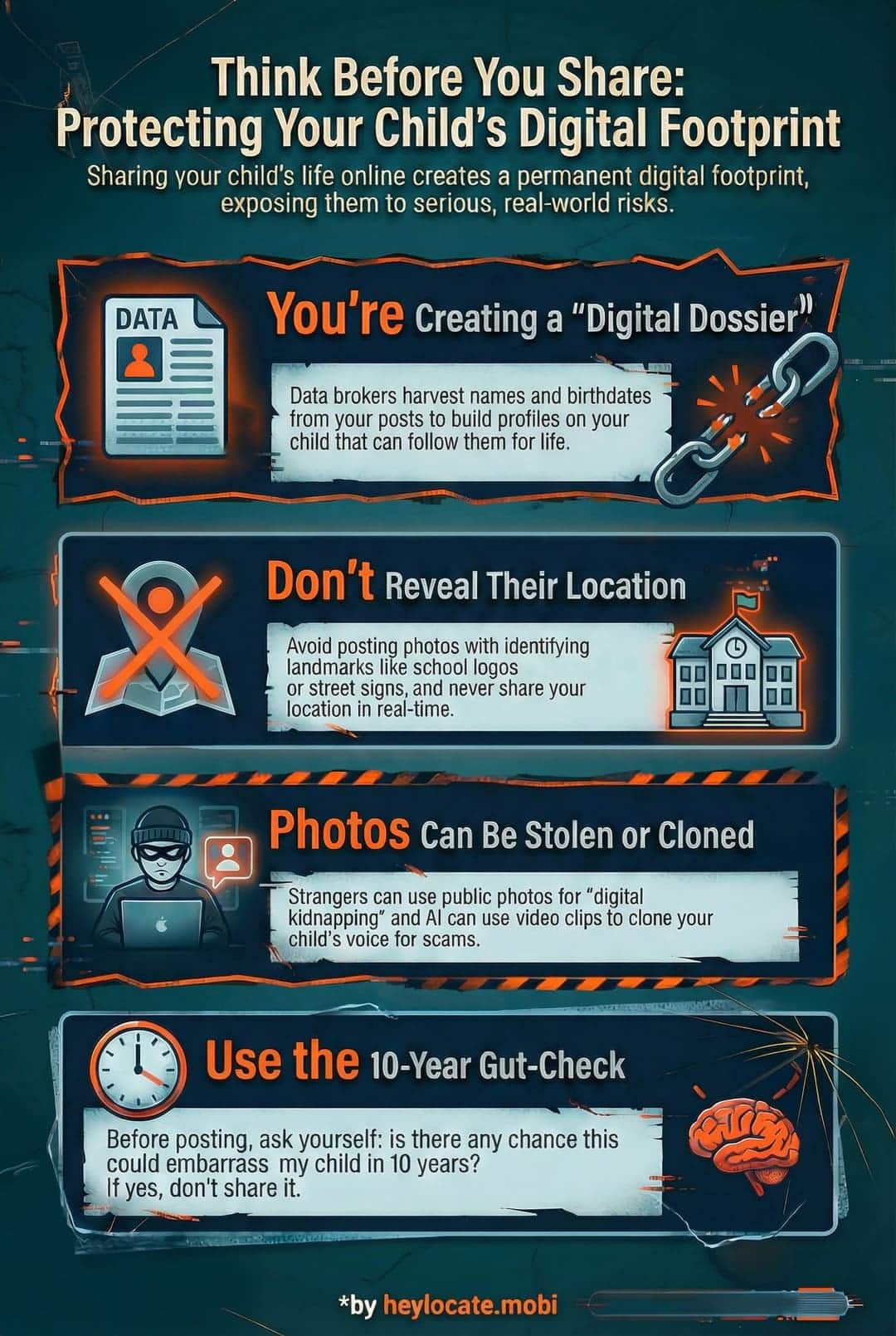 Advice on how to protect child's digital footprint: do not share location, names, photos